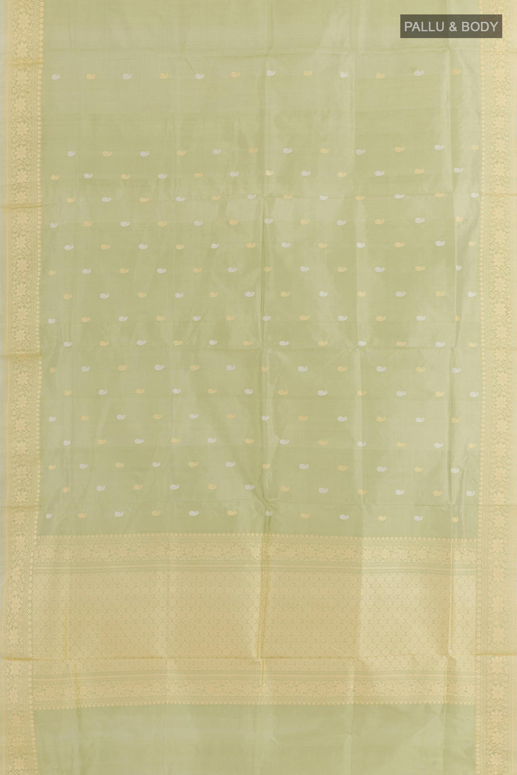 Flat view of Mint Green Banarasi Katan Silk Saree with Zari Butta on the body and Zari Border. 