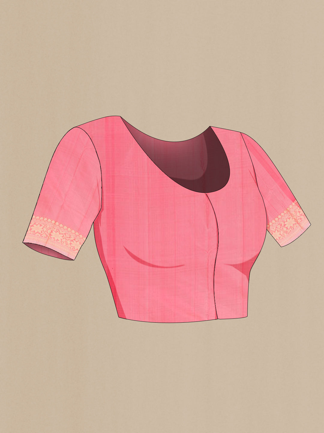 Close up image of the blouse of Pink Banarasi Katan Silk Saree with Zari Butta on the body and Zari Border. 