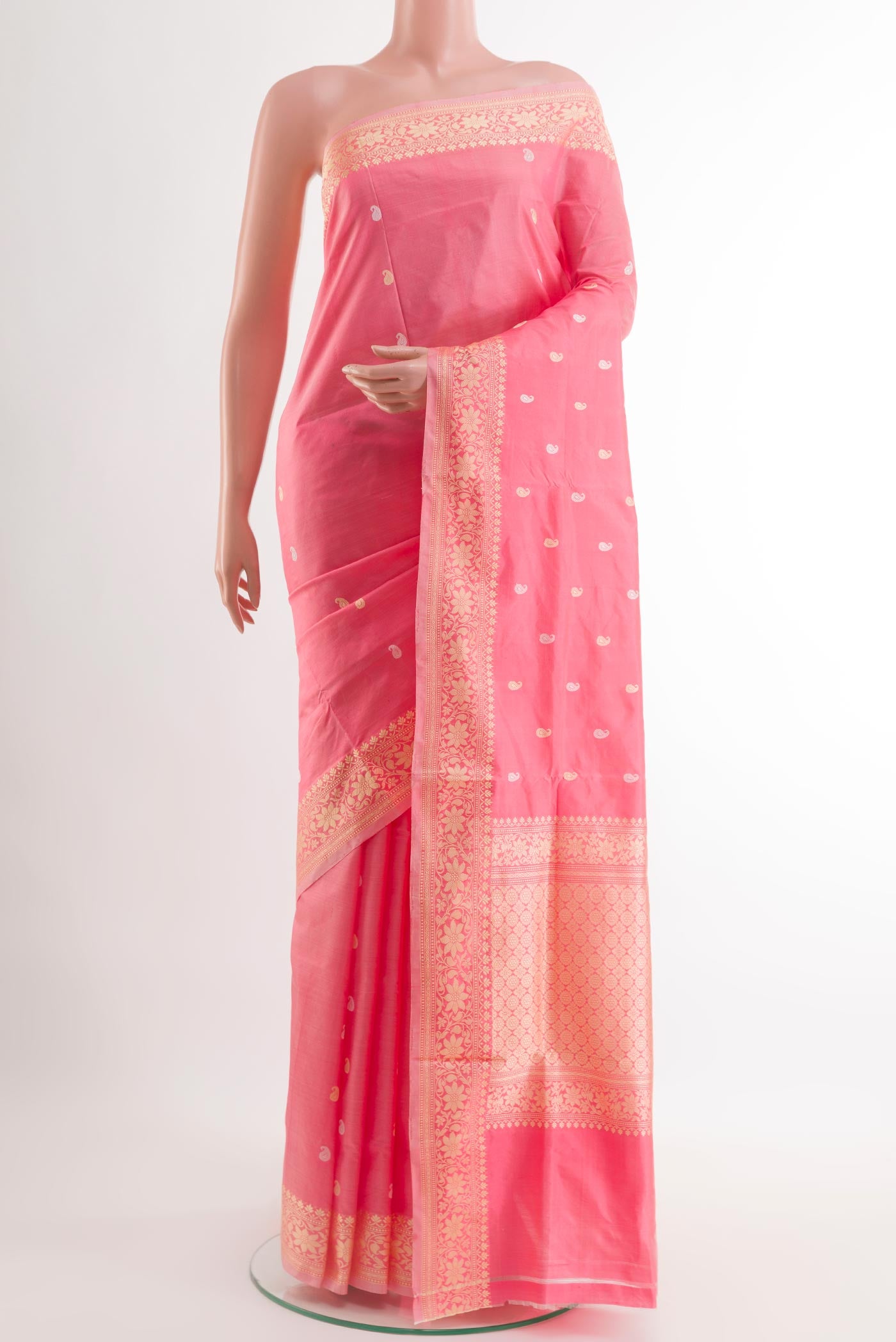 Pink Banarasi Katan Silk Saree with Zari Butta on the body and Zari Border.  displayed on a mannequin