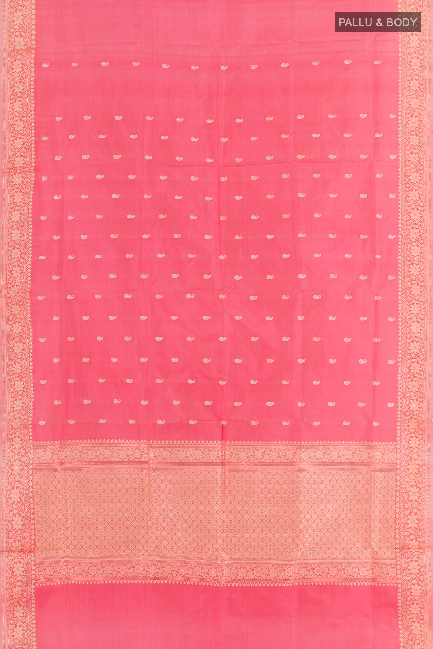 Flat view of Pink Banarasi Katan Silk Saree with Zari Butta on the body and Zari Border. 