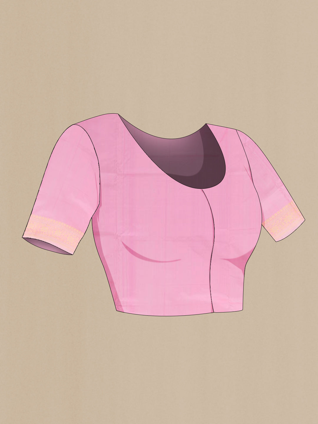Close up image of the blouse of Rose pink Banarasi Katan Silk Saree with Zari Butta on the body and Zari Border. 
