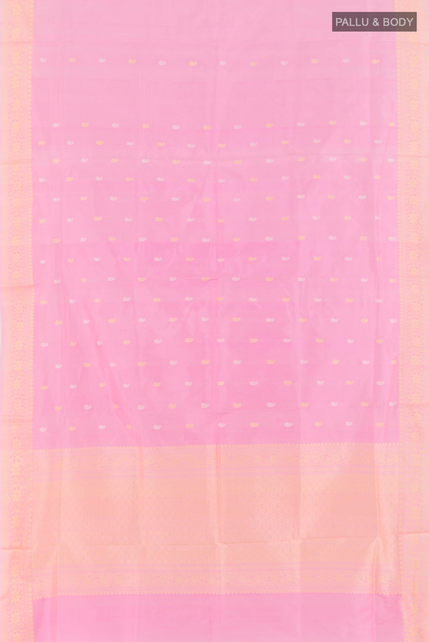 Flat view of Rose pink Banarasi Katan Silk Saree with Zari Butta on the body and Zari Border. 