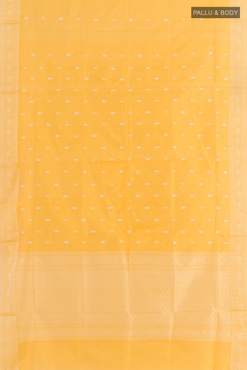 Flat view of Yellow Banarasi Katan Silk Saree with Zari Butta on the body and Zari Border. 