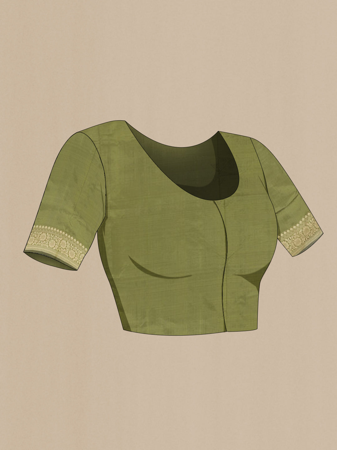 Close up image of the blouse of Green Banarasi Katan Silk Saree with Zari Butta on the body and Zari Border. 