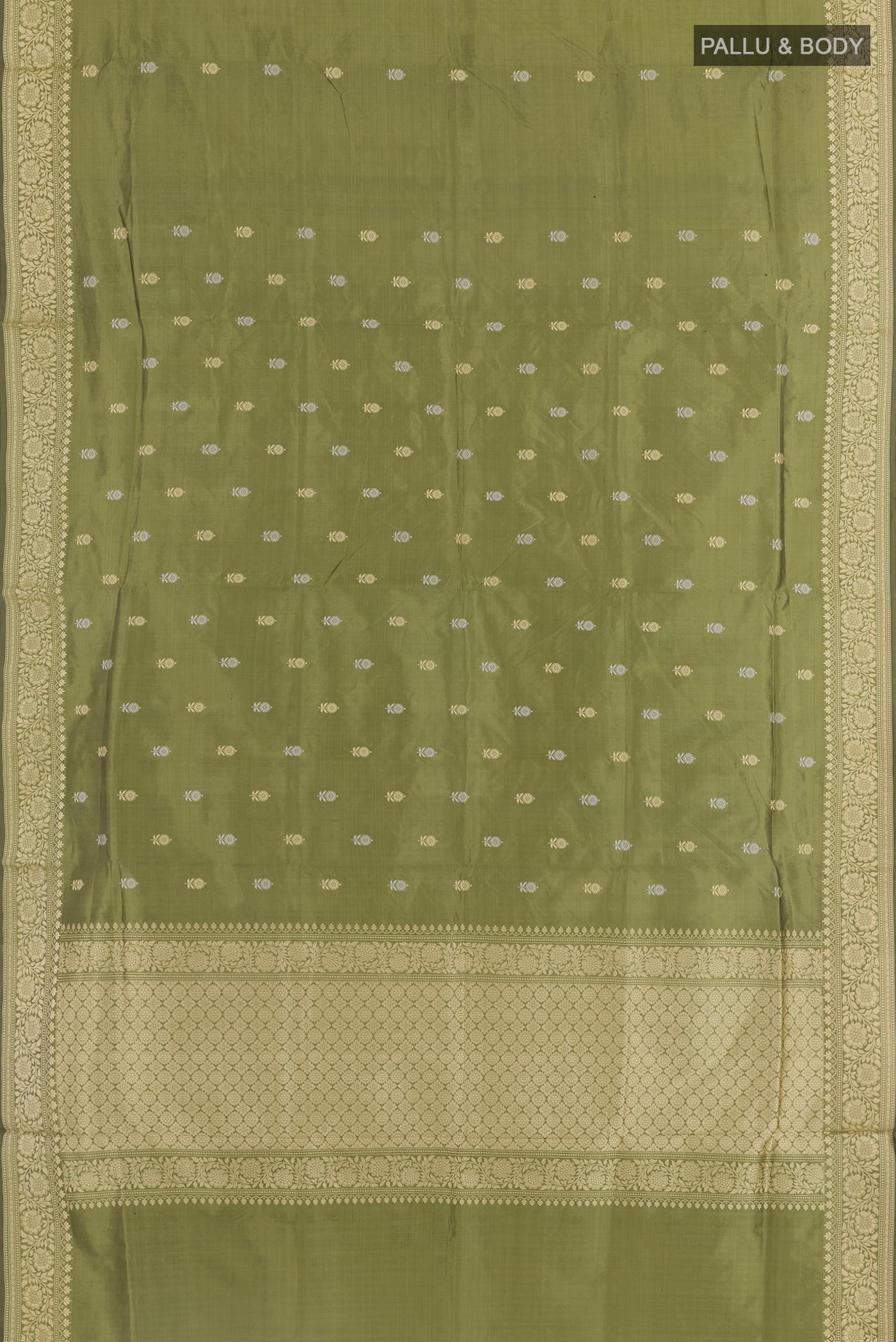 Flat view of Green Banarasi Katan Silk Saree with Zari Butta on the body and Zari Border. 