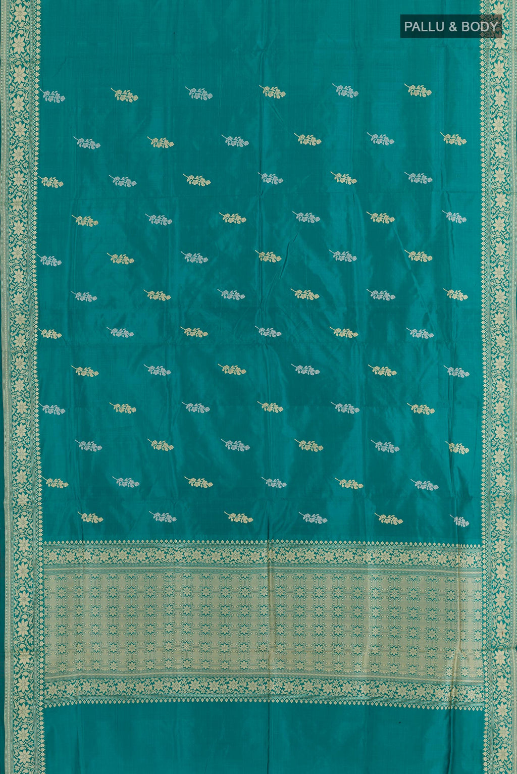 Flat view of Sea Green Banarasi Katan Silk Saree with Zari Butta on the body and Zari Border. 