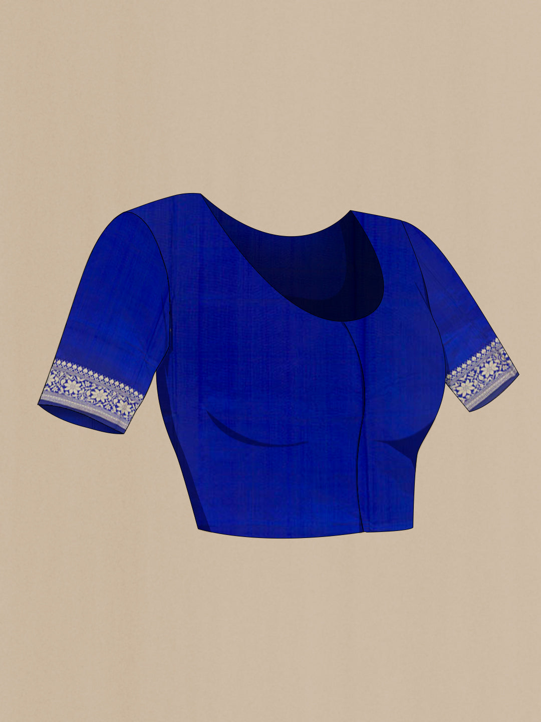 Close up image of the blouse of Blue Banarasi Katan Silk Saree with Zari Butta on the body and Zari Border. 