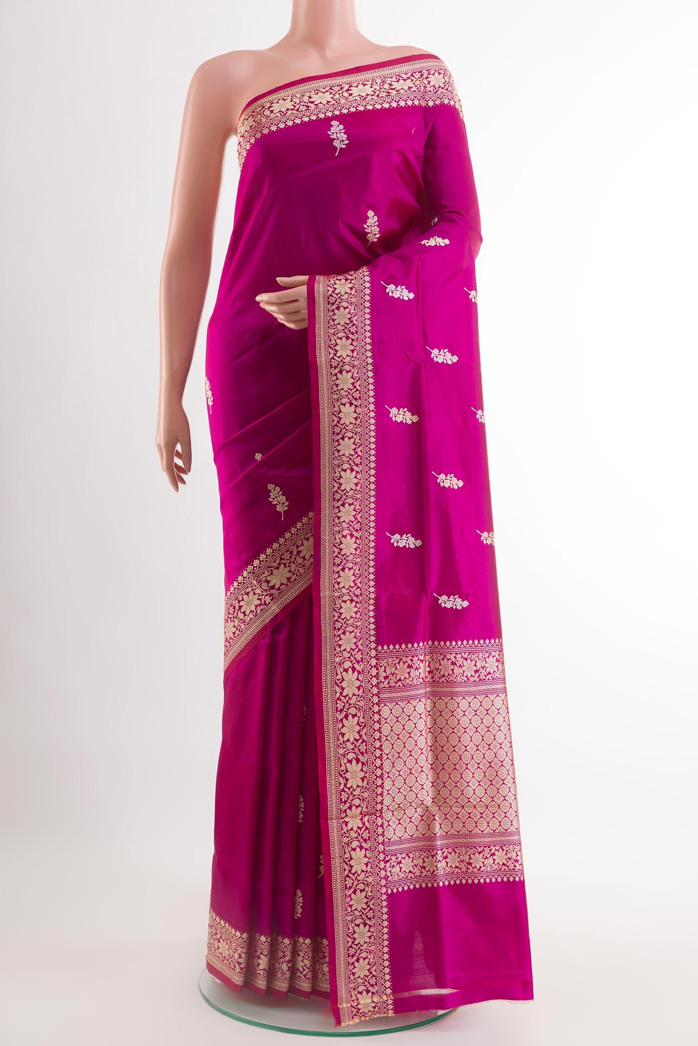 Purple Banarasi Katan Silk Saree with Zari Butta on the body and Zari Border.  displayed on a mannequin