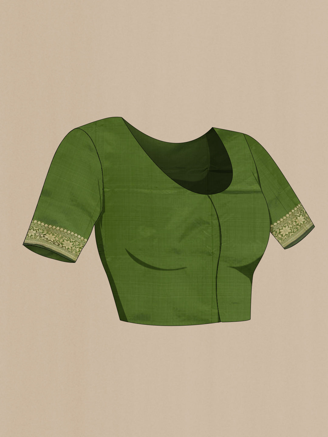 Close up image of the blouse of Green Banarasi Katan Silk Saree with Zari Butta on the body and Zari Border. 