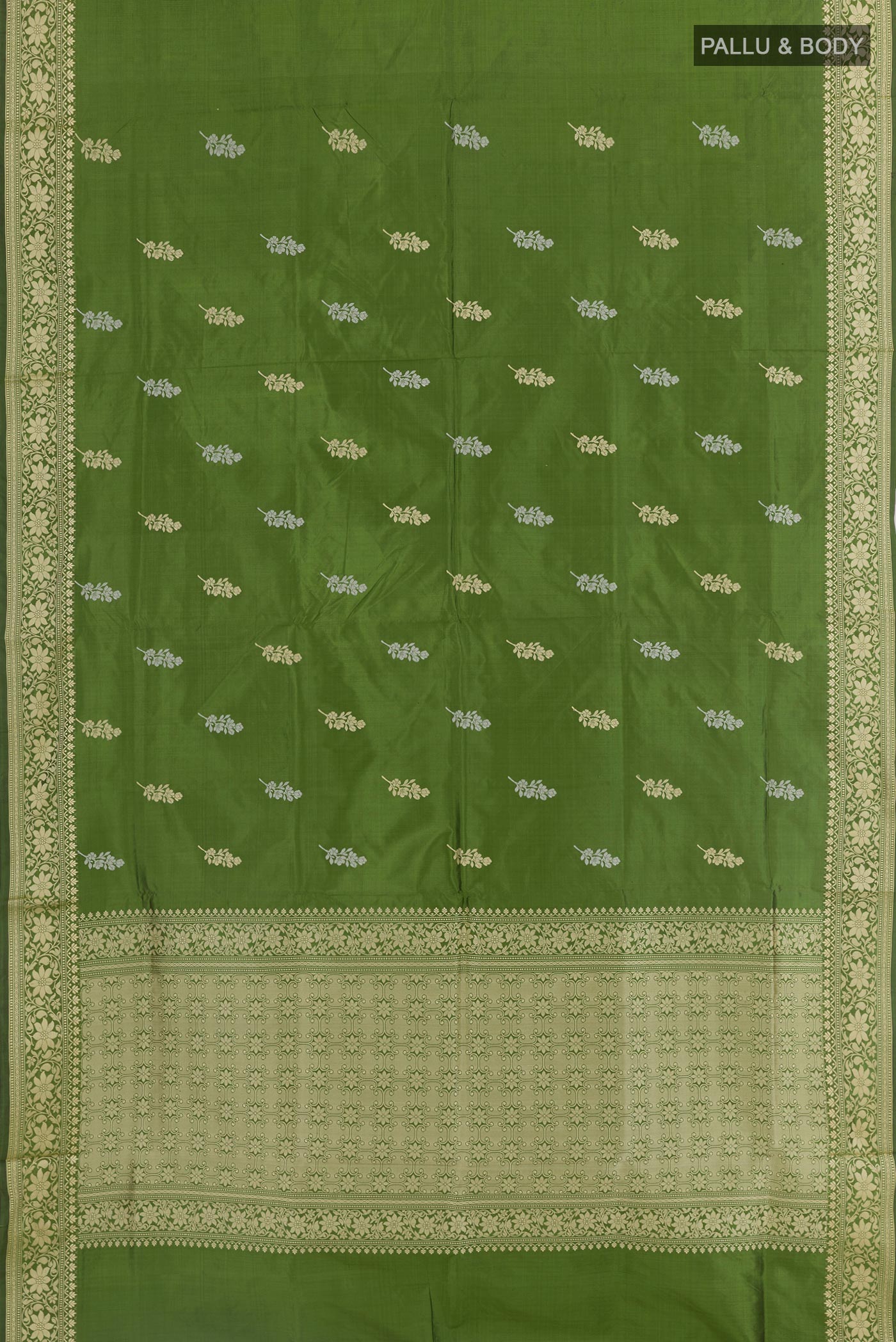Flat view of Green Banarasi Katan Silk Saree with Zari Butta on the body and Zari Border. 