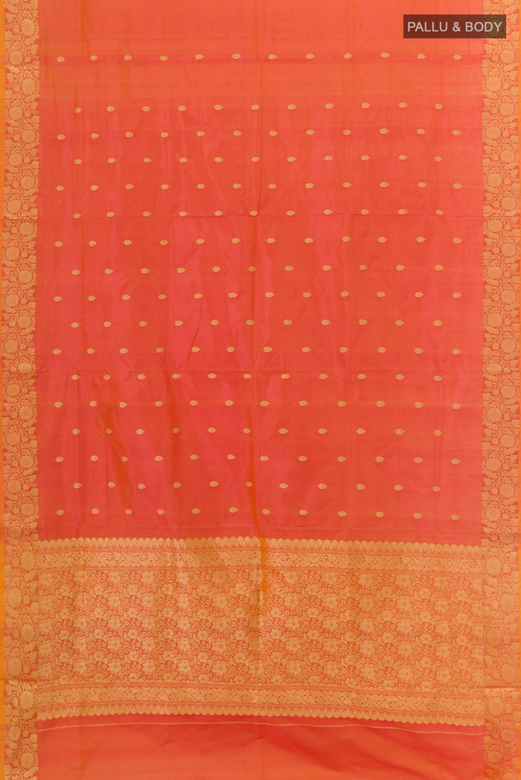 Flat view of Peach Banarasi Katan Silk Saree with Zari Butta on the body and Zari Border. 