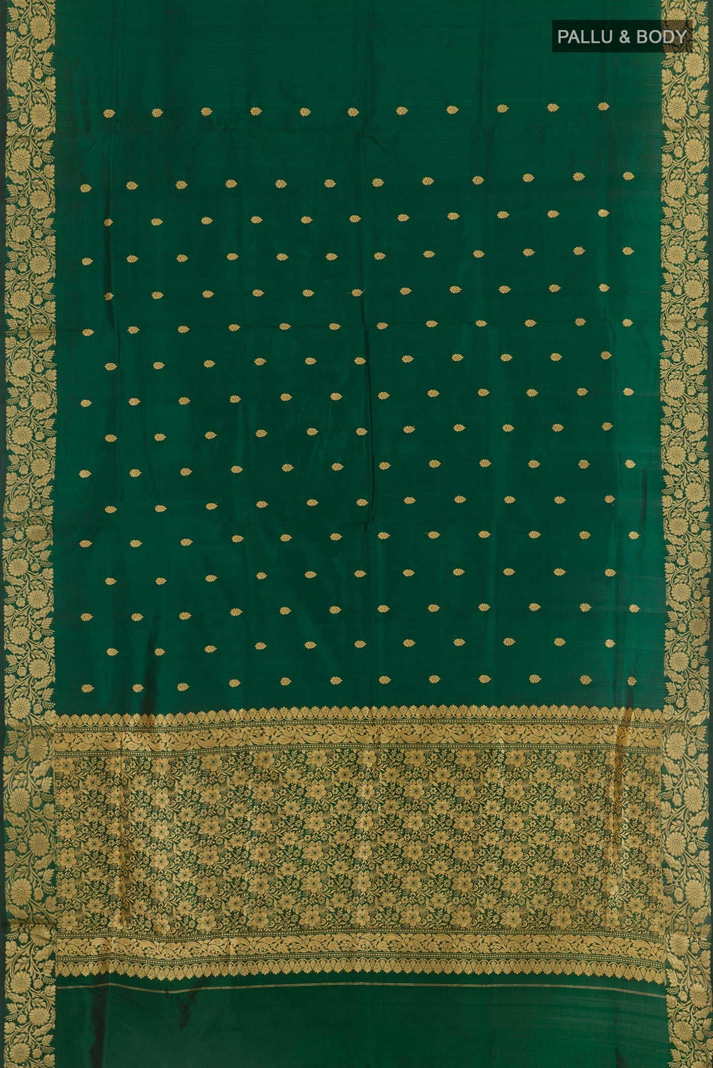 Flat view of Green Banarasi Katan Silk Saree with Zari Butta on the body and Zari Border. 