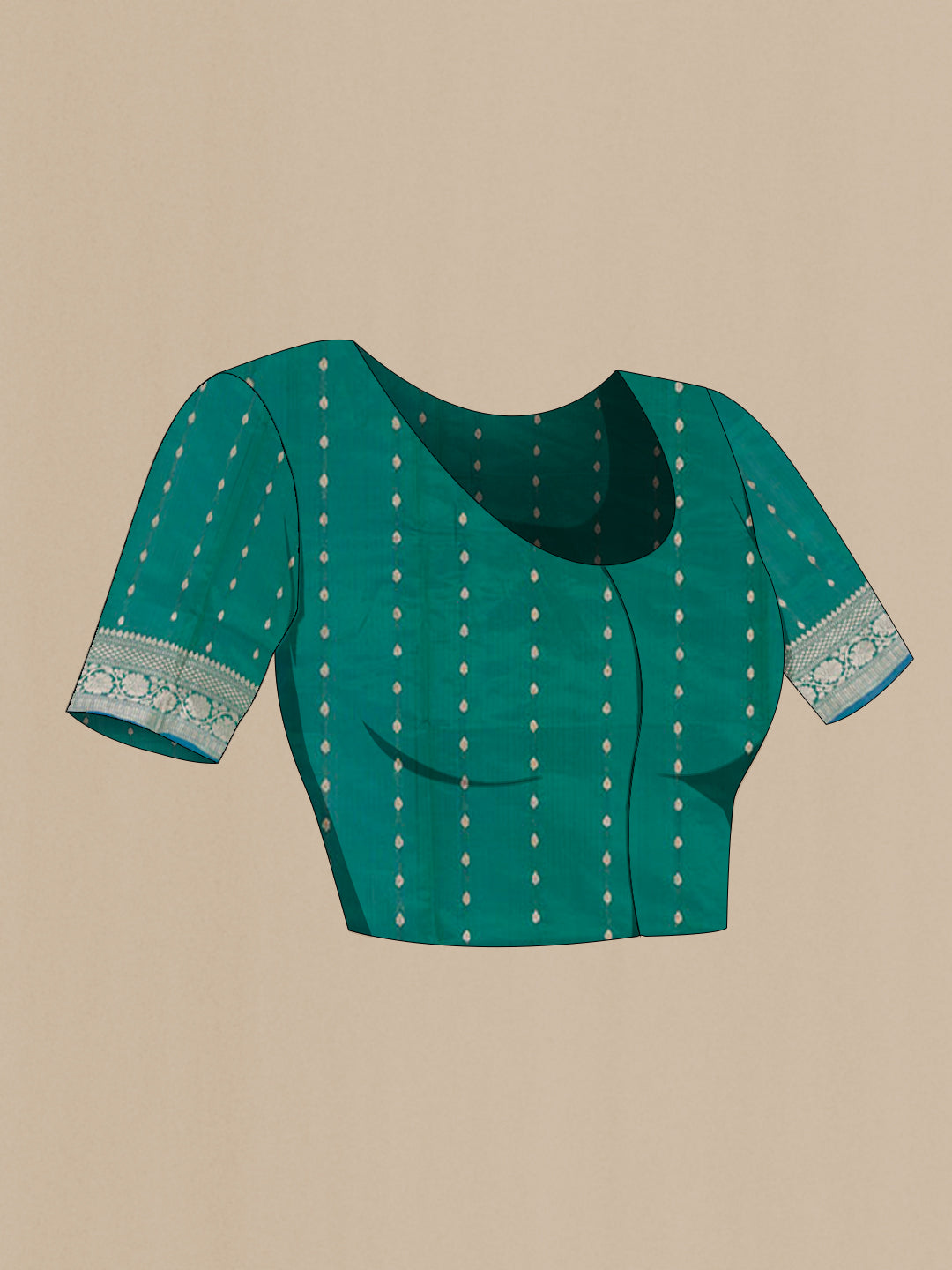Close up image of the blouse of Green Banarasi Katan Silk Saree with Zari Butta on the body and Zari Border. 