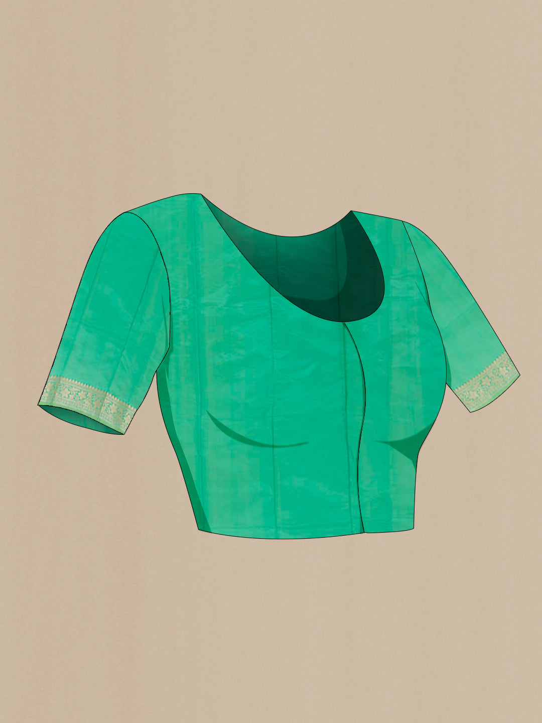 Close up image of the blouse of Sea Green Banarasi Katan Silk Saree with Zari Butta on the body and Zari Border. 