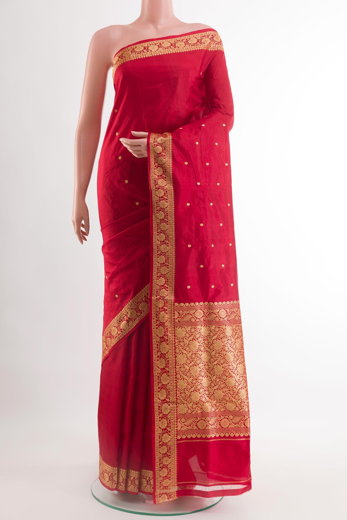 Red Banarasi Katan Silk Saree with Zari Butta on the body and Zari Border.  displayed on a mannequin