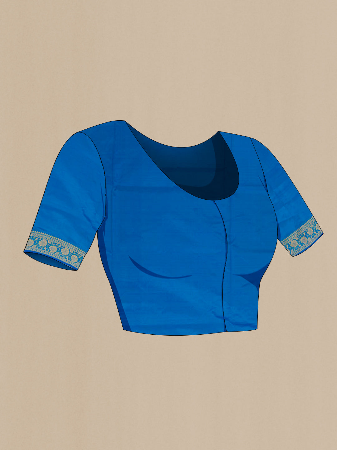 Close up image of the blouse of Blue Banarasi Katan Silk Saree with Zari Butta on the body and Zari Border. 