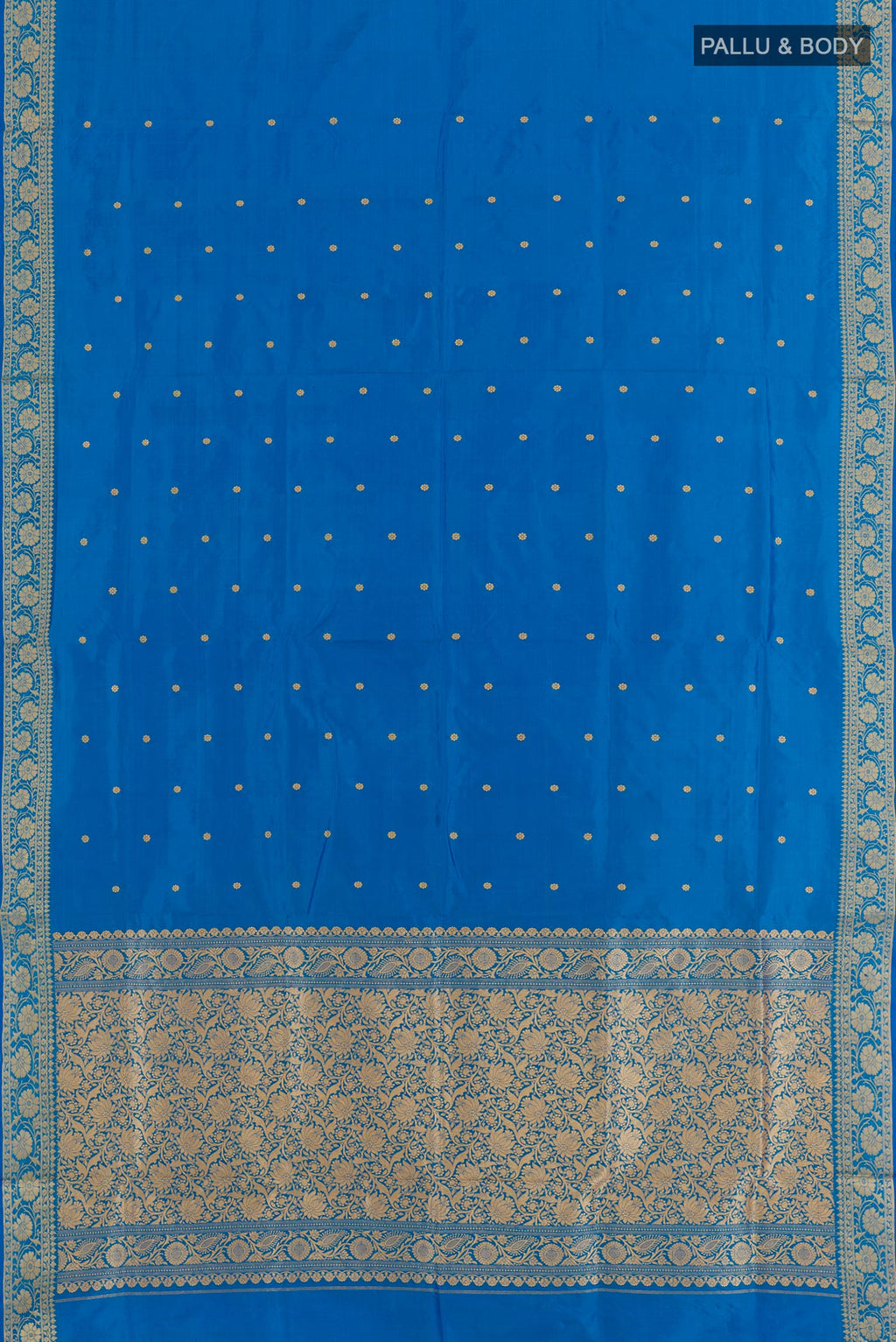 Flat view of Blue Banarasi Katan Silk Saree with Zari Butta on the body and Zari Border. 