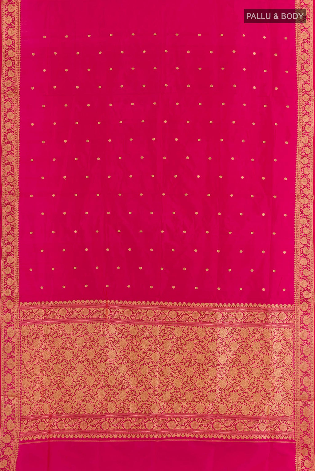 Flat view of Pink Banarasi Katan Silk Saree with Zari Butta on the body and Zari Border. 