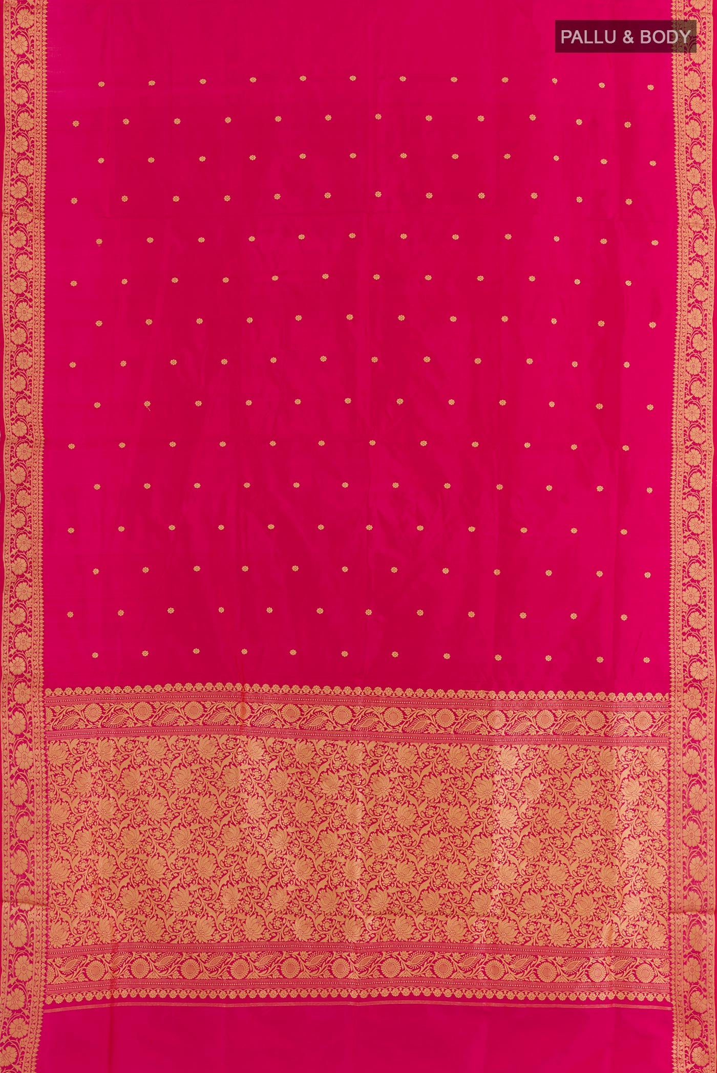 Flat view of Pink Banarasi Katan Silk Saree with Zari Butta on the body and Zari Border. 