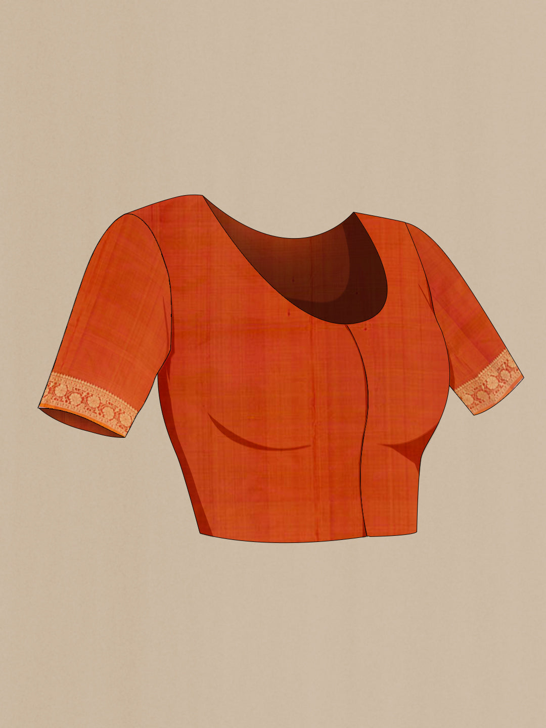 Close up image of the blouse of Orange Banarasi Katan Silk Saree with Zari Butta on the body and Zari Border. 
