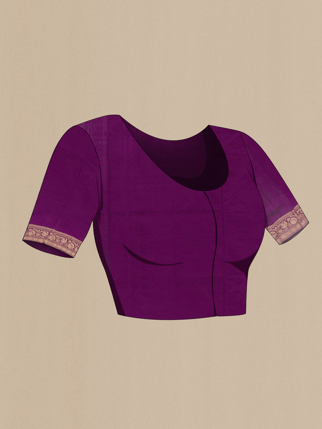 Close up image of the blouse of Purple Banarasi Katan Silk Saree with Zari Butta on the body and Zari Border. 