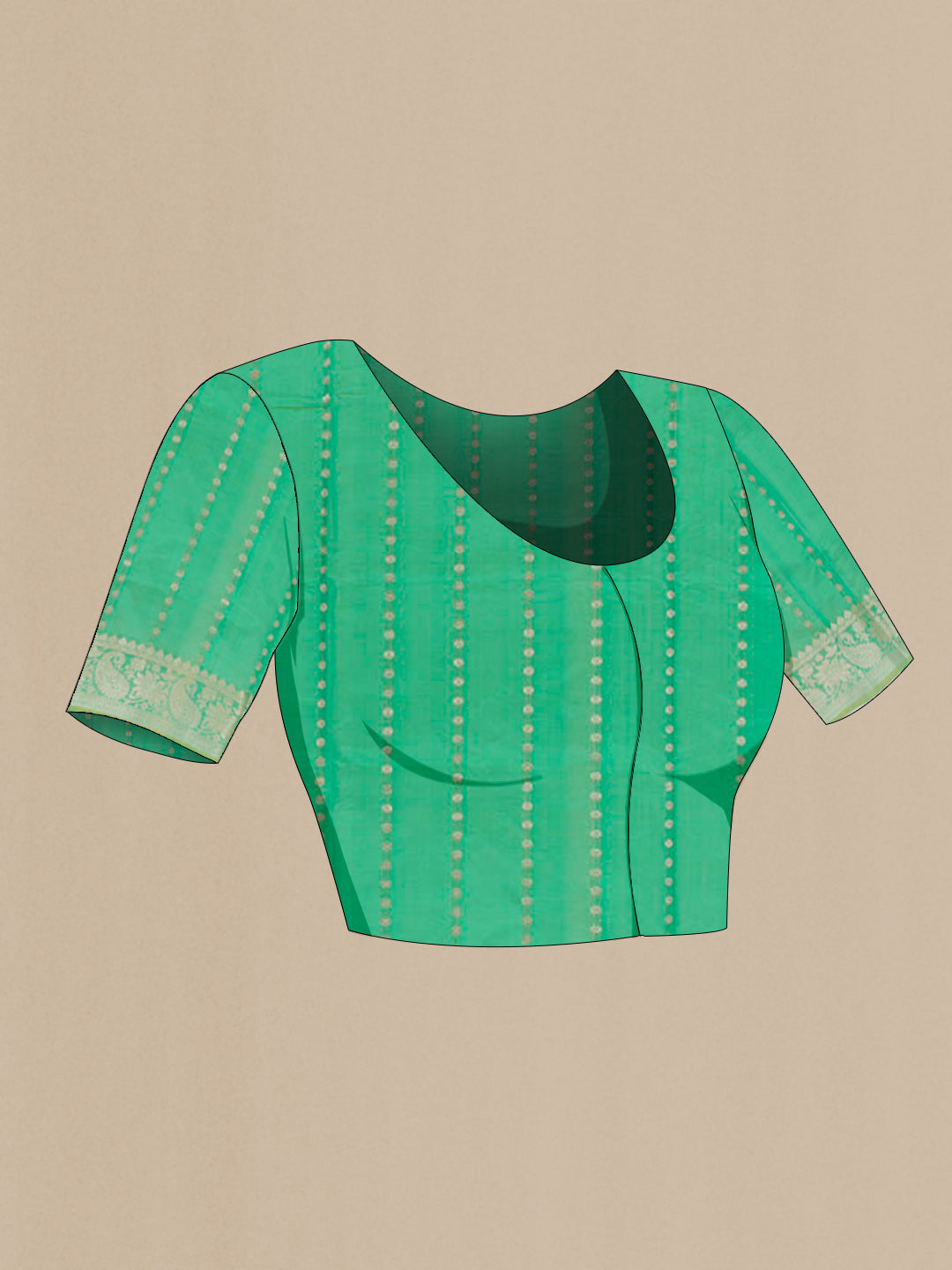 Close up image of the blouse of Green Banarasi Katan Silk Saree with Zari Butta on the body and Zari Border. 