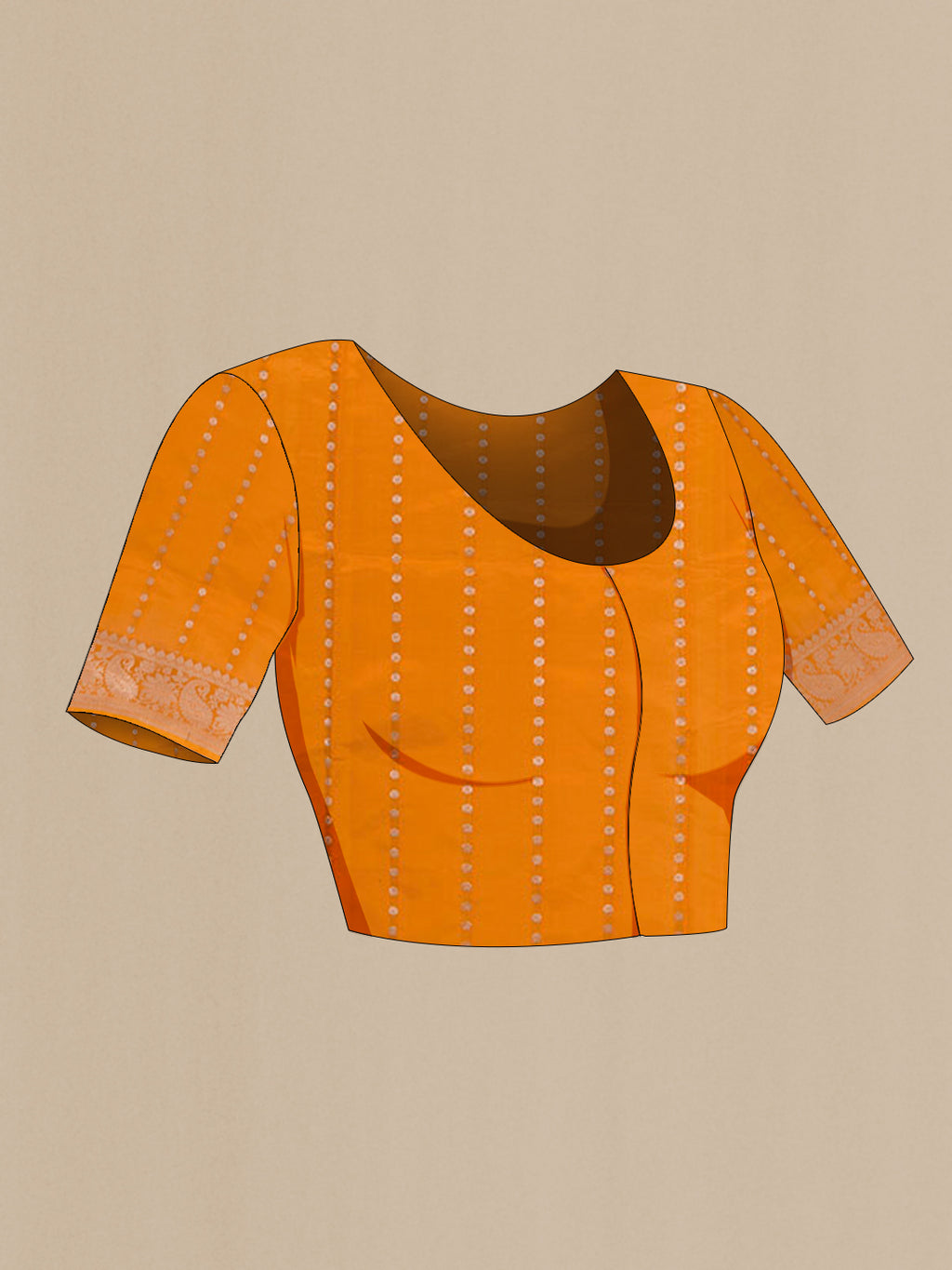 Close up image of the blouse of Yellow Banarasi Katan Silk Saree with Zari Butta on the body and Zari Border. 