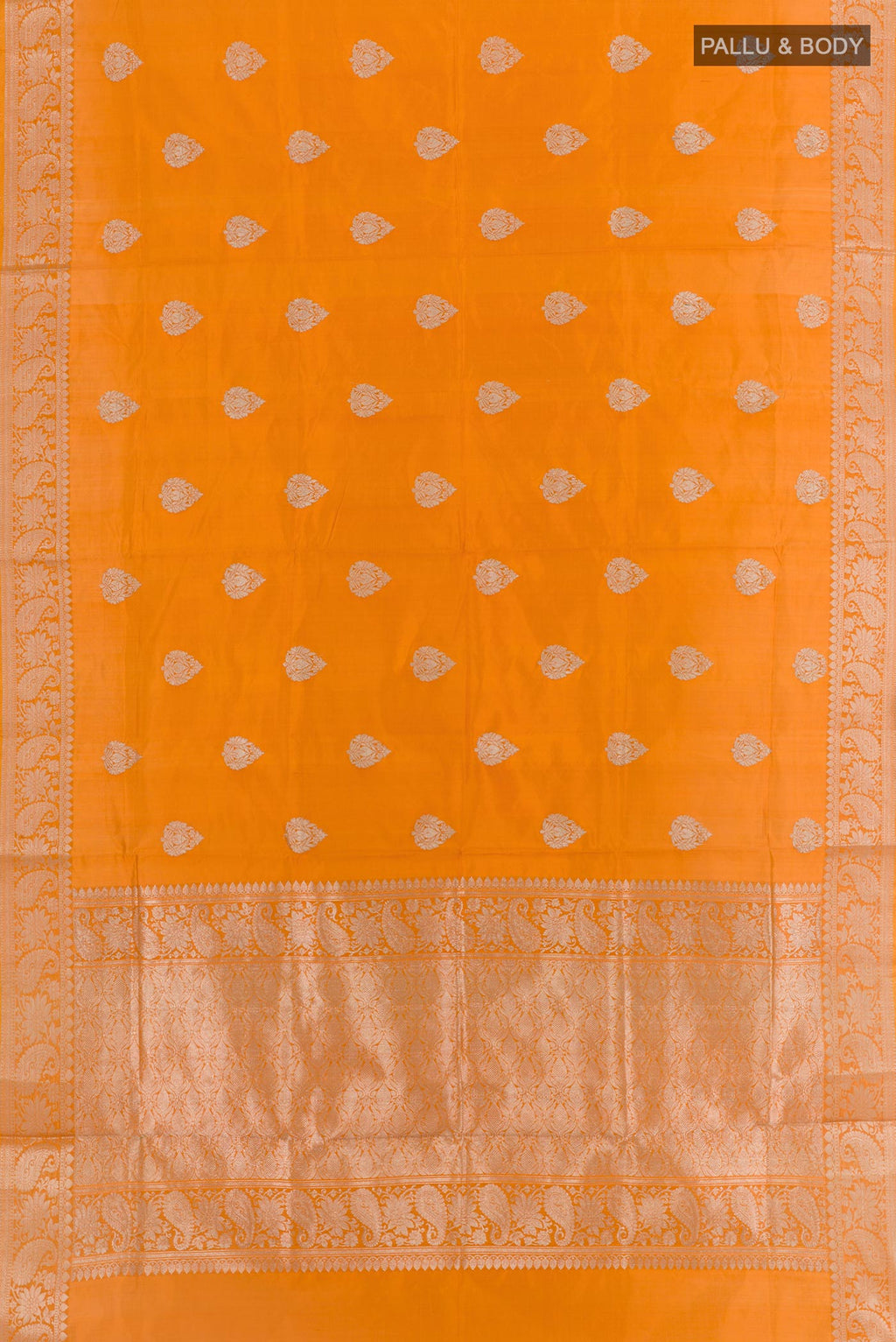 Flat view of Yellow Banarasi Katan Silk Saree with Zari Butta on the body and Zari Border. 