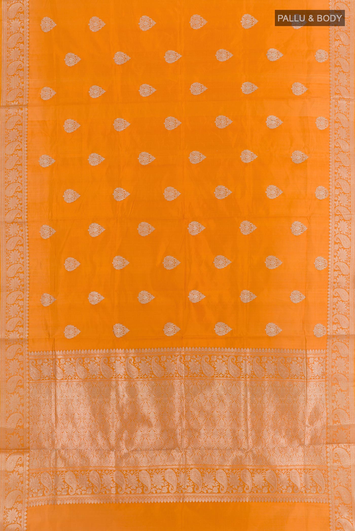 Flat view of Yellow Banarasi Katan Silk Saree with Zari Butta on the body and Zari Border. 