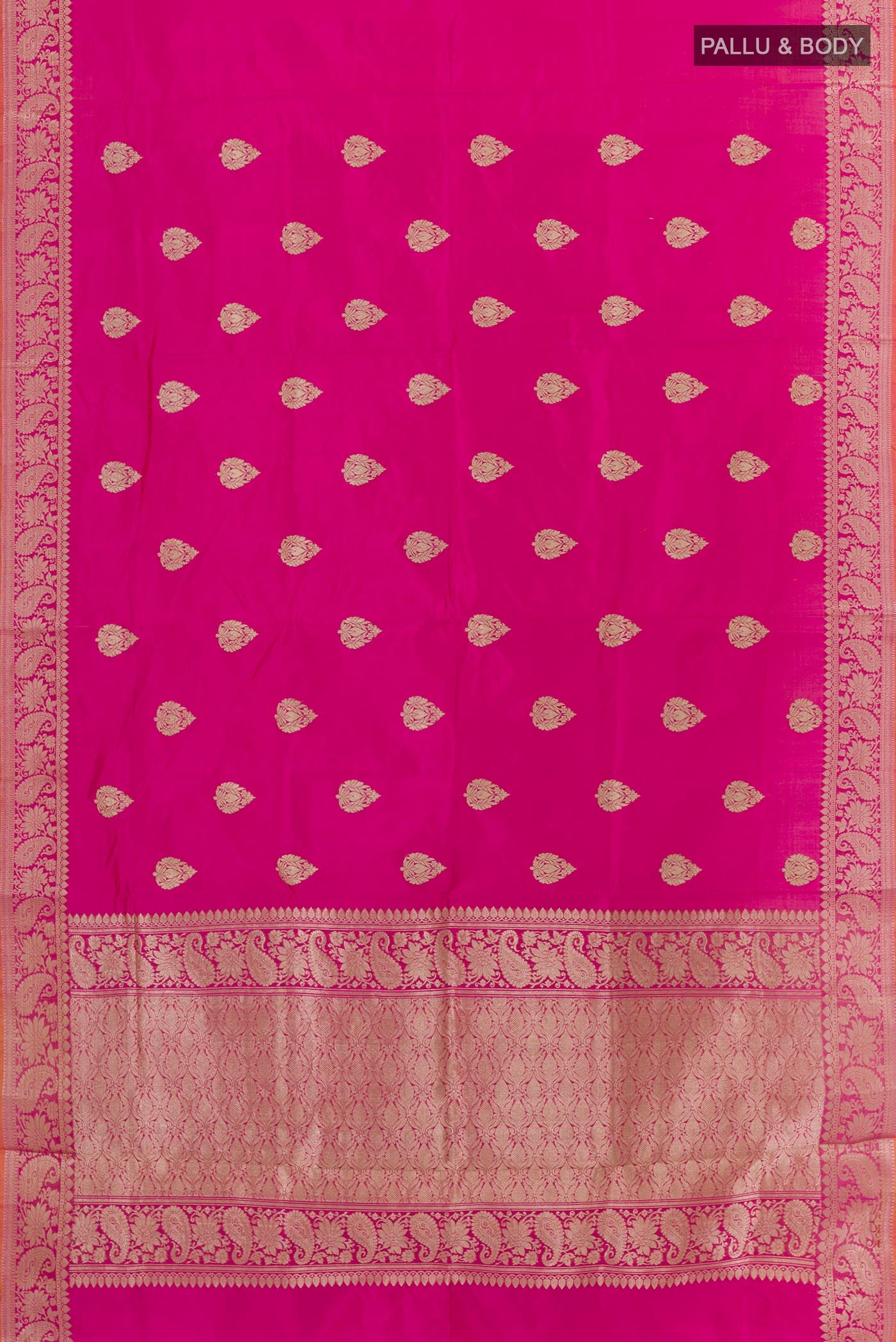 Flat view of Pink Banarasi Katan Silk Saree with Zari Butta on the body and Zari Border. 