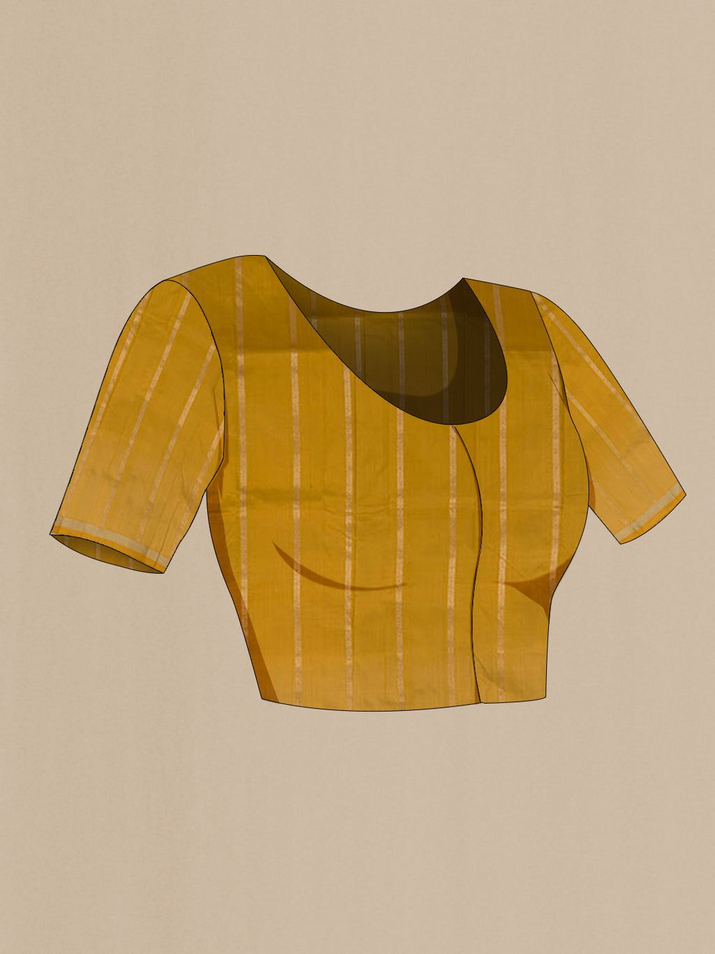 Close up image of the blouse of Mustard Banarasi Katan Silk Saree with Zari Butta on the body and Zari Border. 