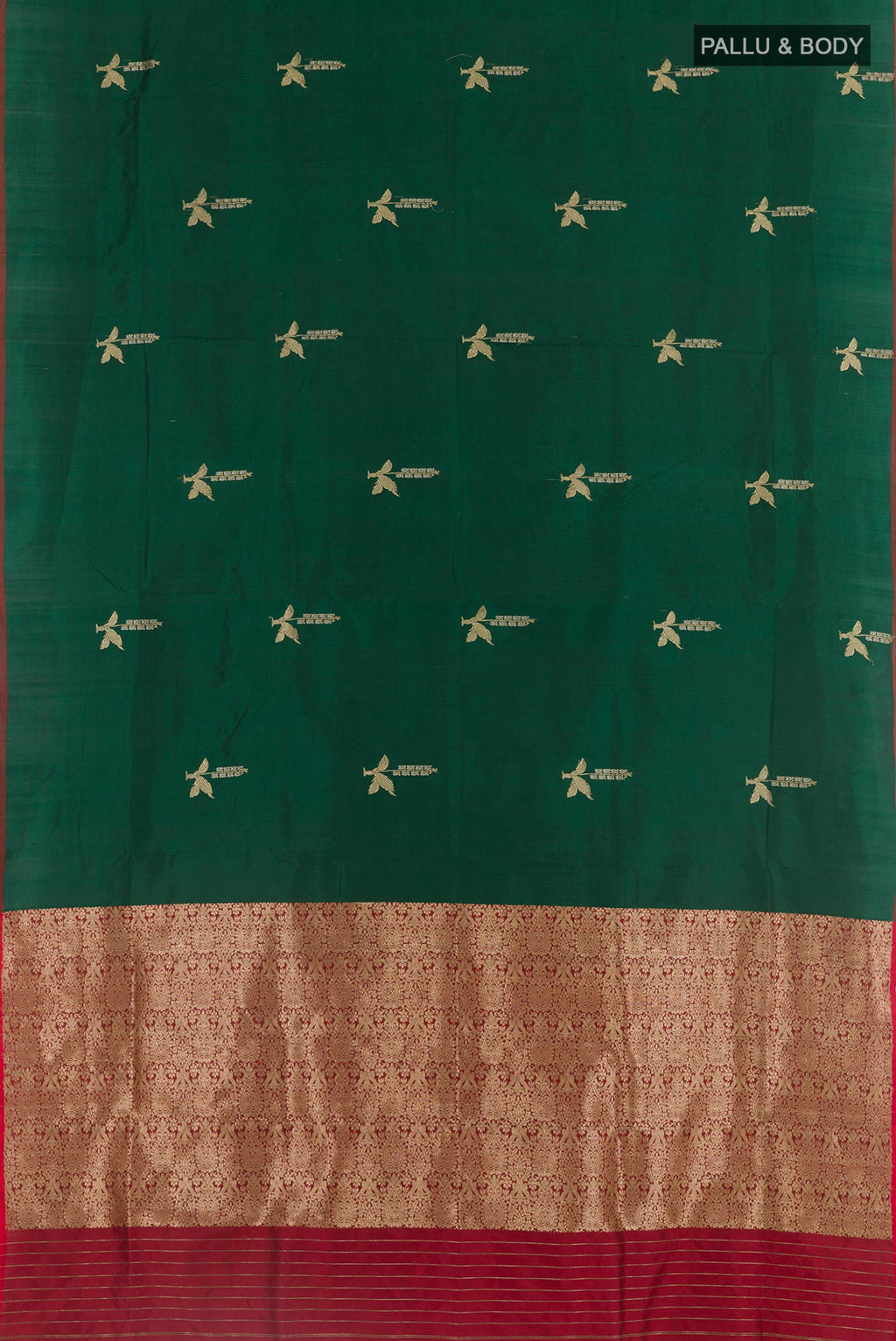 Flat view of Green Banarasi Katan Silk Saree with Zari Butta on the body and Zari Border. 