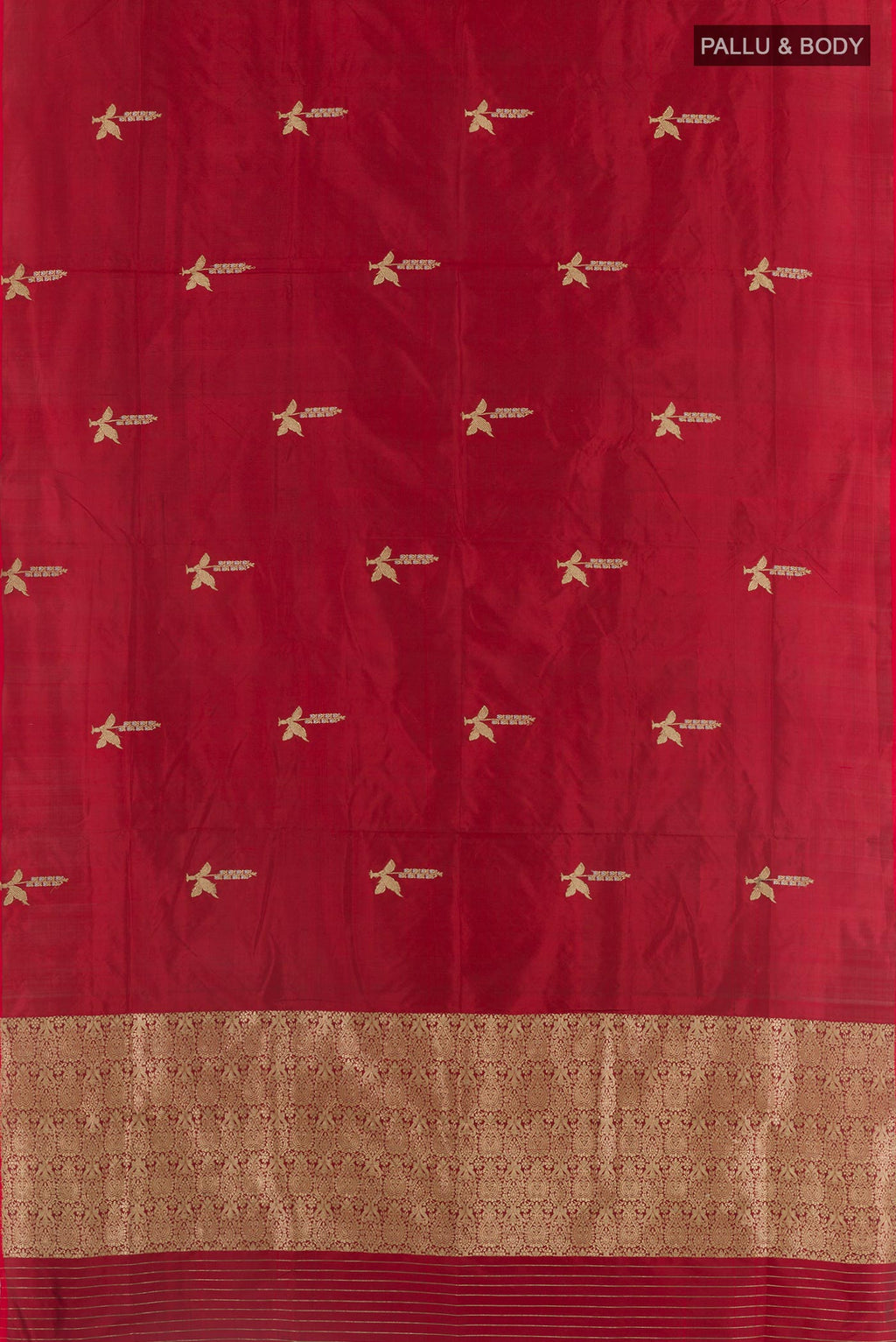 Flat view of Red Banarasi Silk Saree with Zari Butta on the body and Zari Border. 