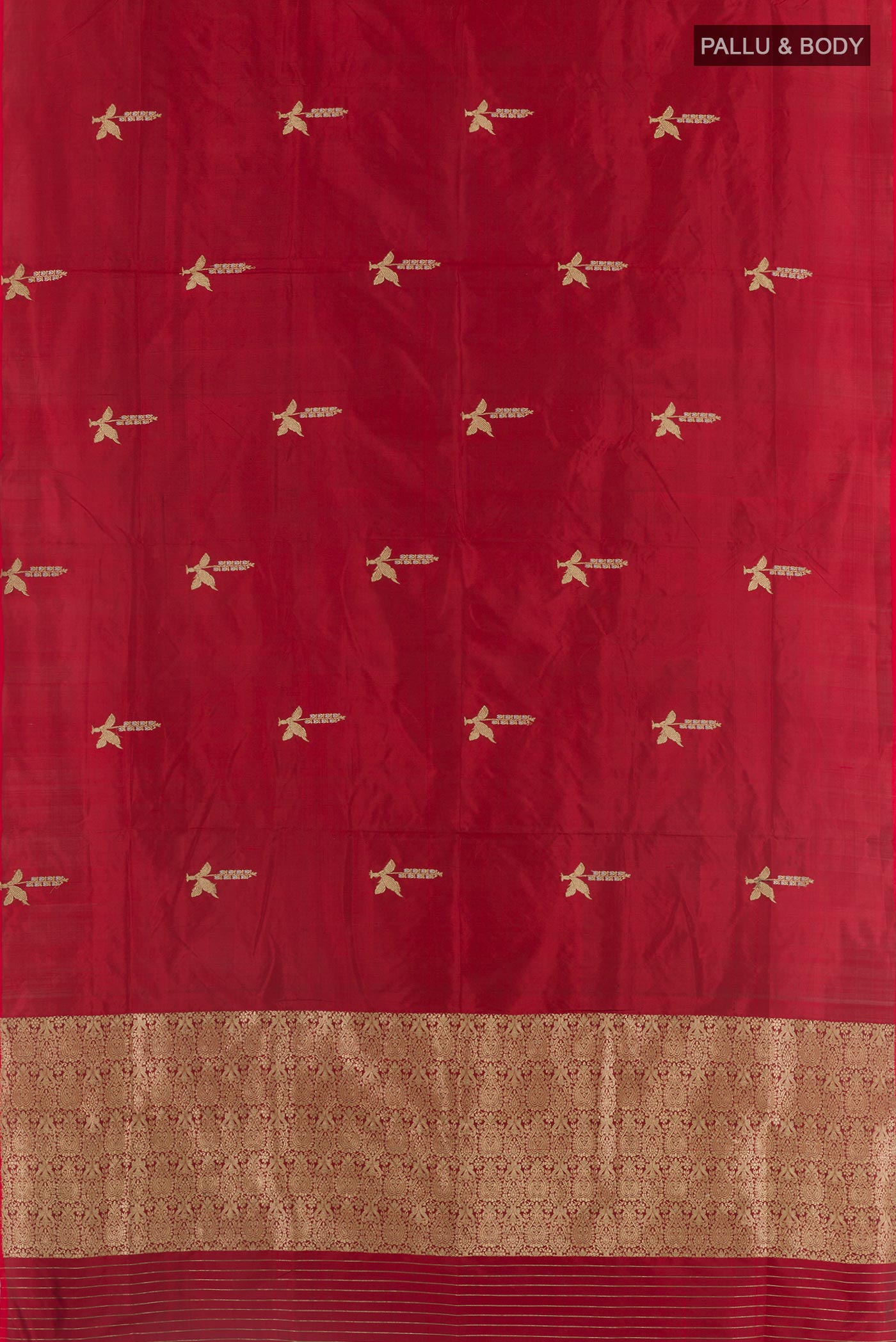 Flat view of Red Banarasi Silk Saree with Zari Butta on the body and Zari Border. 