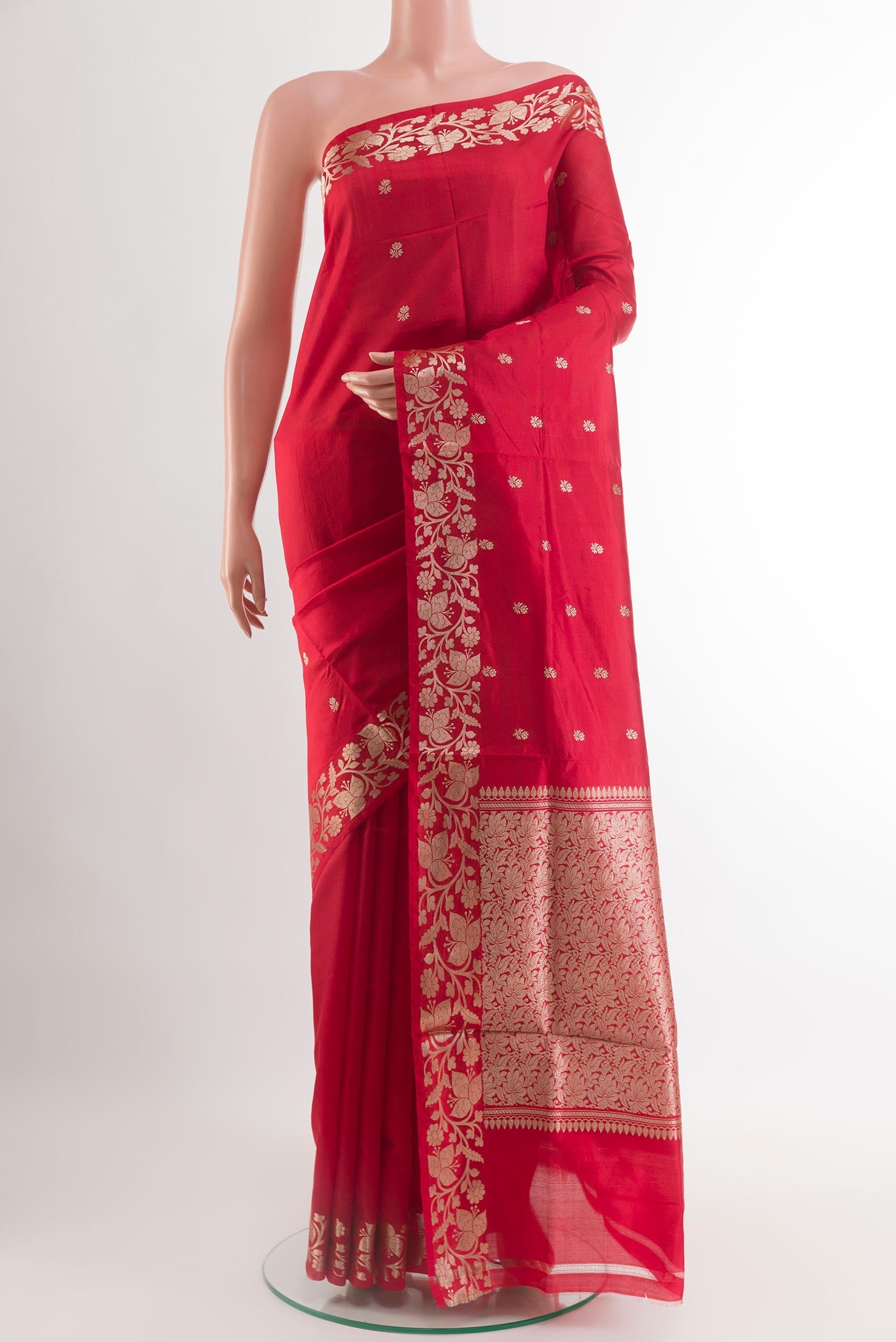 Red Banarasi Katan Silk Saree with Zari Butta on the body and Zari Border.  displayed on a mannequin