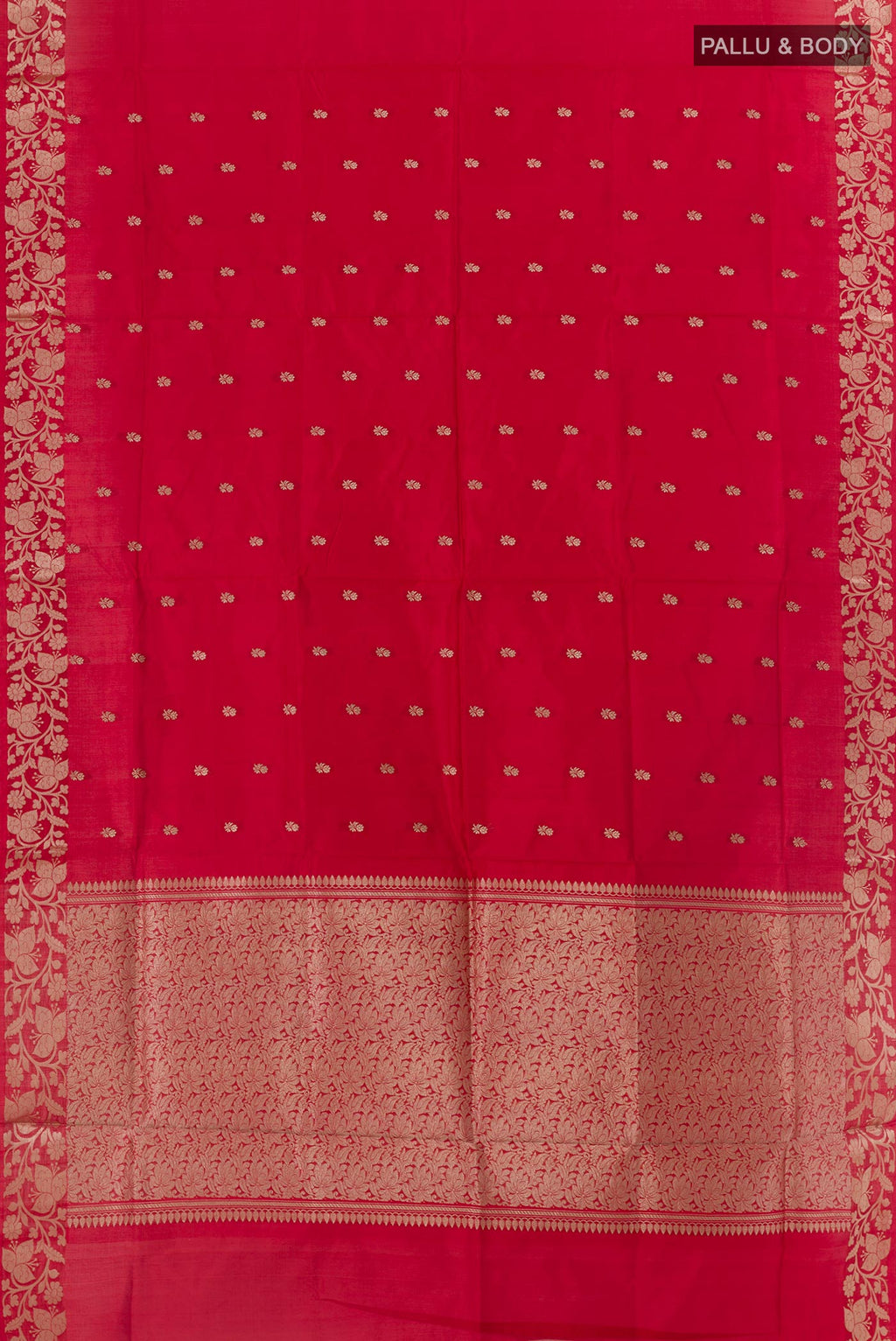 Flat view of Red Banarasi Katan Silk Saree with Zari Butta on the body and Zari Border. 