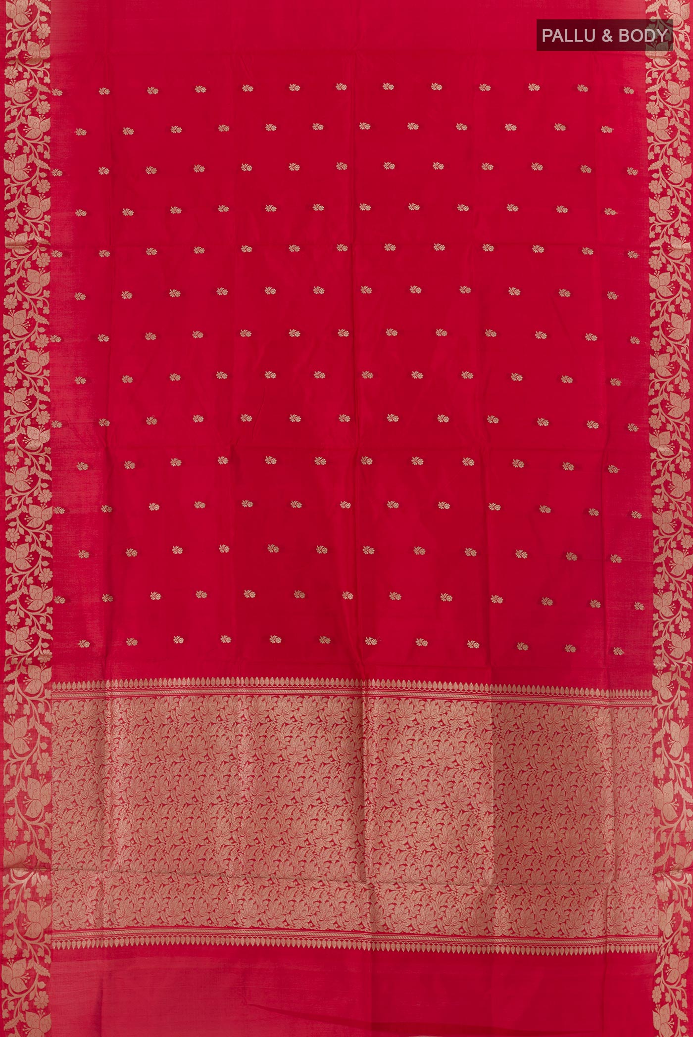 Flat view of Red Banarasi Katan Silk Saree with Zari Butta on the body and Zari Border. 
