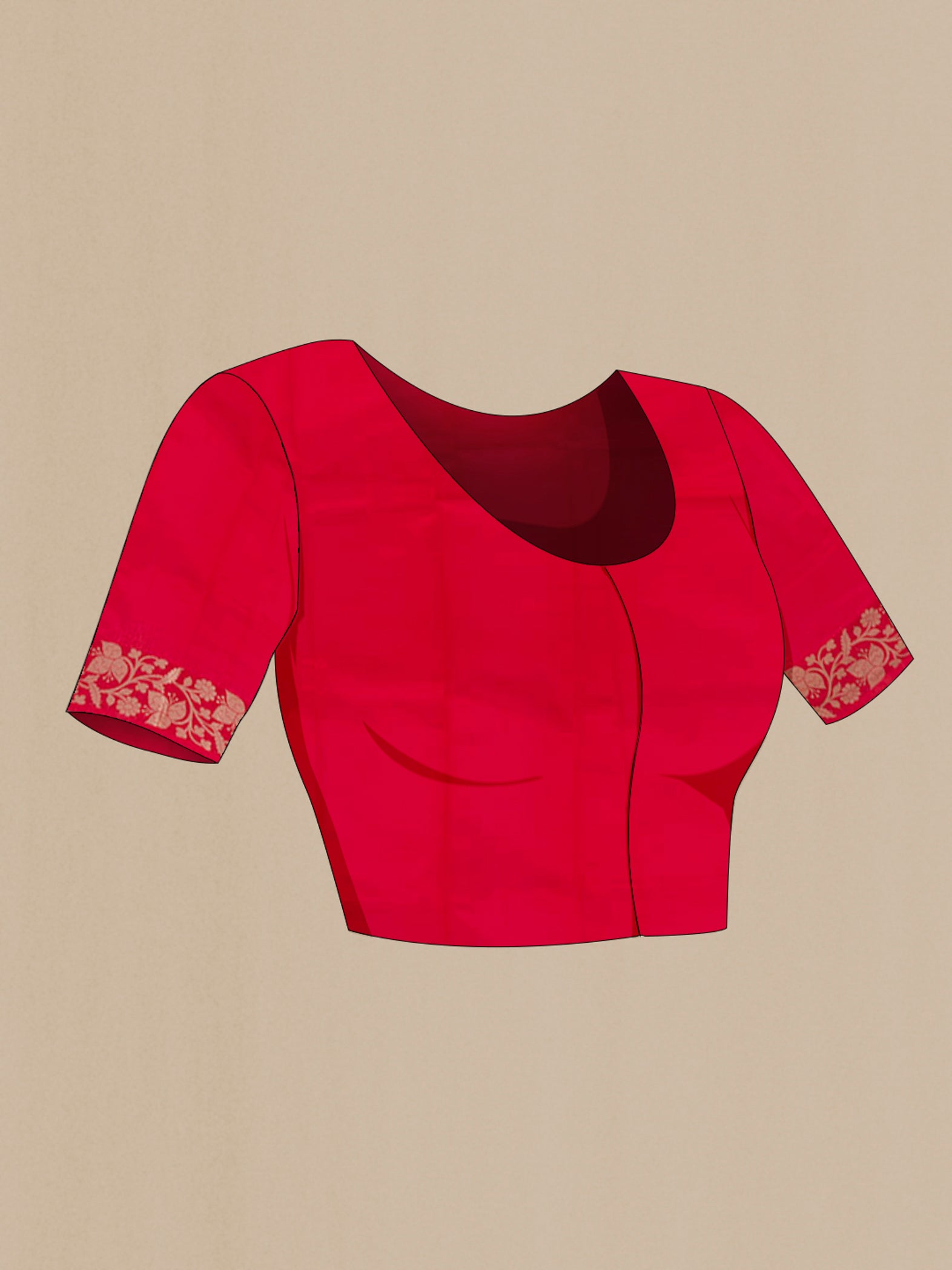 Close up image of the blouse of Red Banarasi Katan Silk Saree with Zari Butta on the body and Zari Border. 