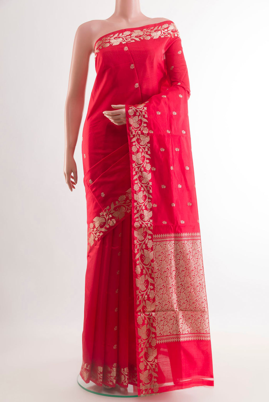 Red Banarasi Katan Silk Saree with Zari Butta on the body and Zari Border.  displayed on a mannequin