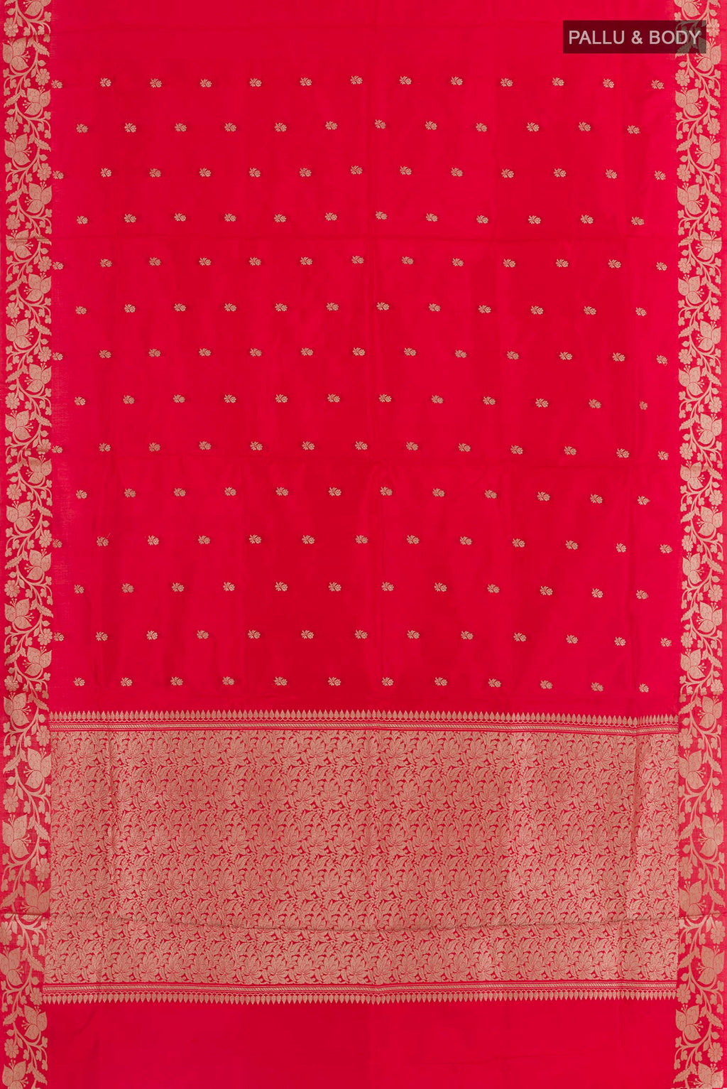 Flat view of Red Banarasi Katan Silk Saree with Zari Butta on the body and Zari Border. 