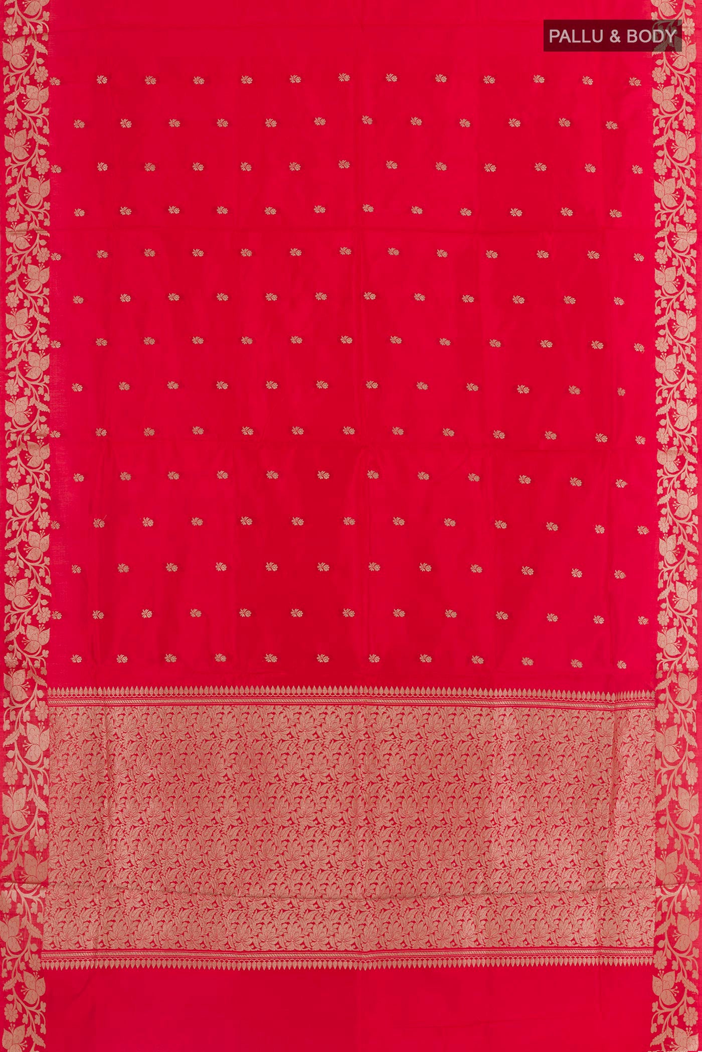 Flat view of Red Banarasi Katan Silk Saree with Zari Butta on the body and Zari Border. 