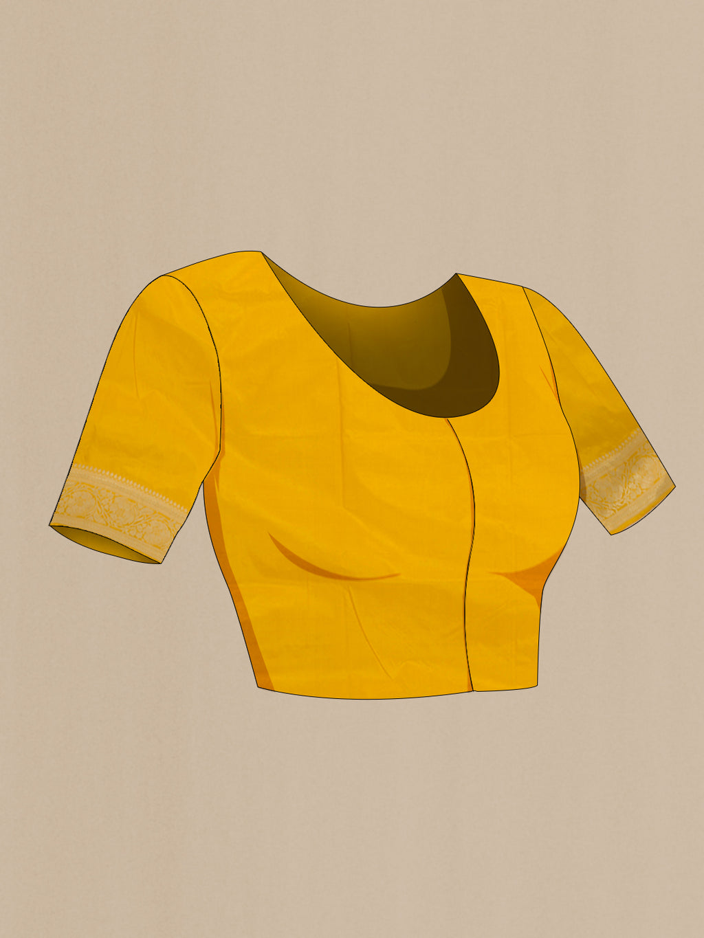 Close up image of the blouse of Yellow Banarasi Katan Silk Saree with Zari Butta on the body and Zari Border. 