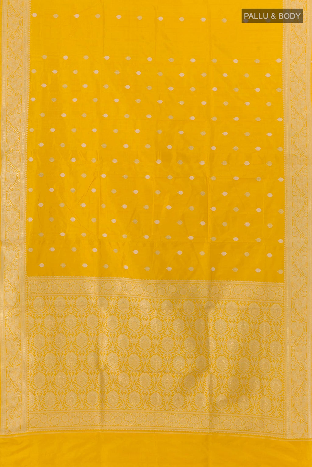 Flat view of Yellow Banarasi Katan Silk Saree with Zari Butta on the body and Zari Border. 