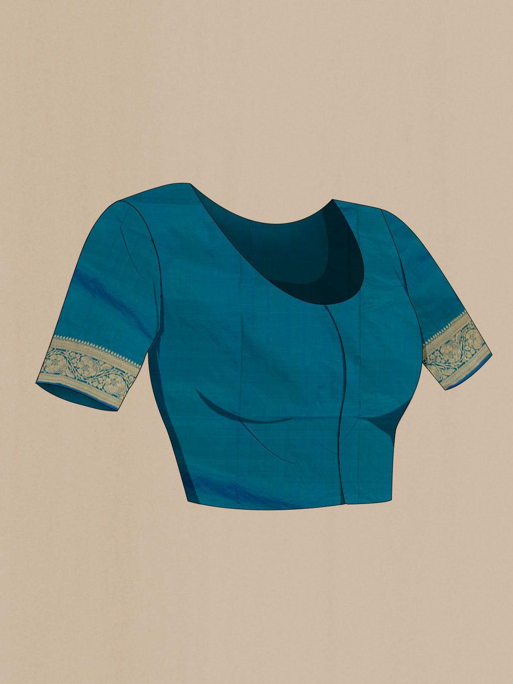 Close up image of the blouse of Blue Banarasi Katan Silk Saree with Zari Butta on the body and Zari Border. 