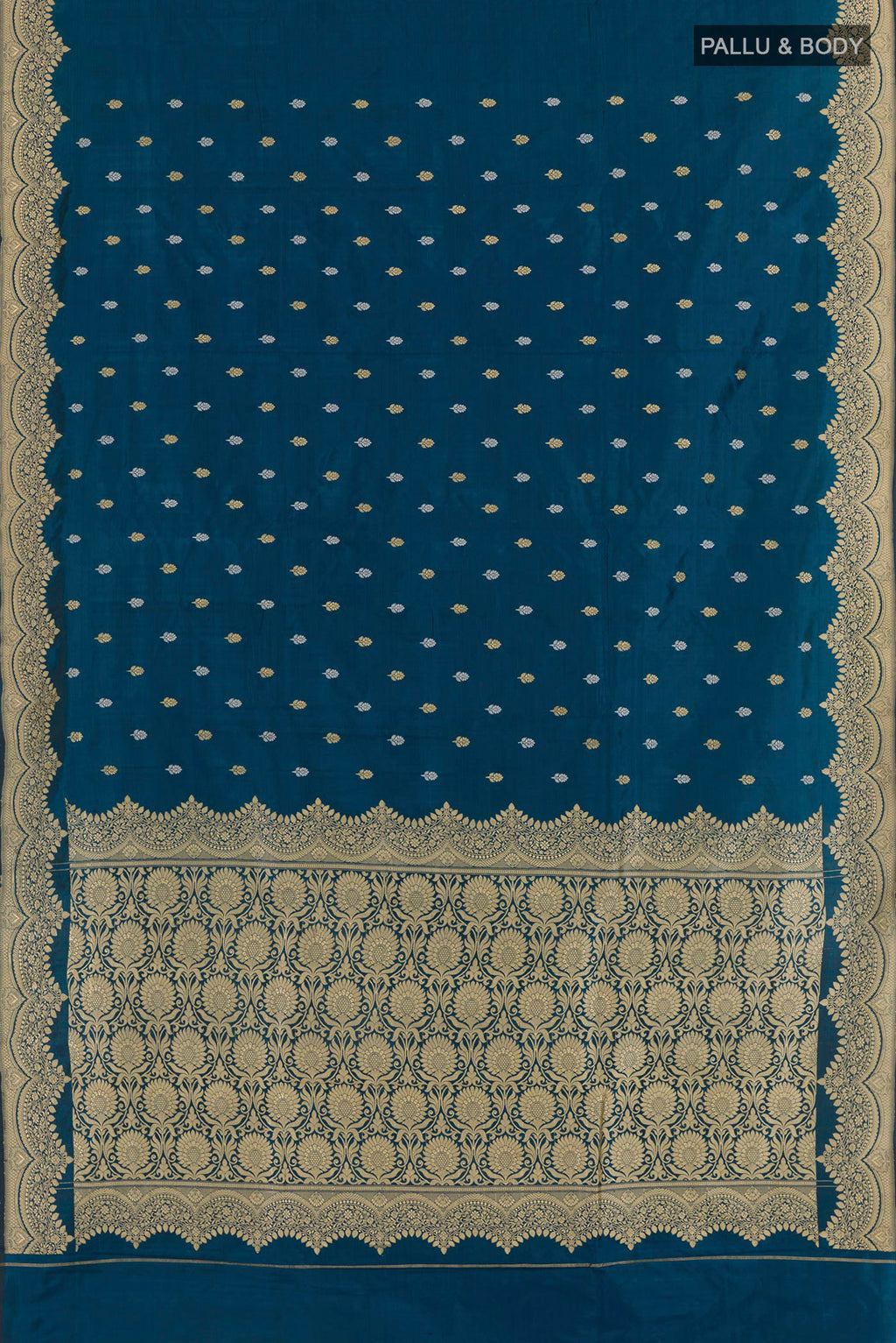 Flat view of Blue Banarasi Katan Silk Saree with Zari Butta on the body and Zari Border. 