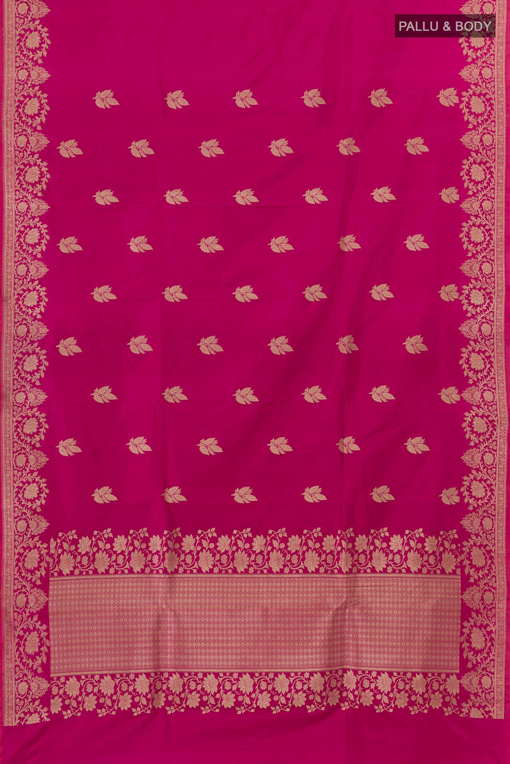 Flat view of Rani Pink Banarasi Katan Silk Saree with Zari Butta on the body and Zari Border. 