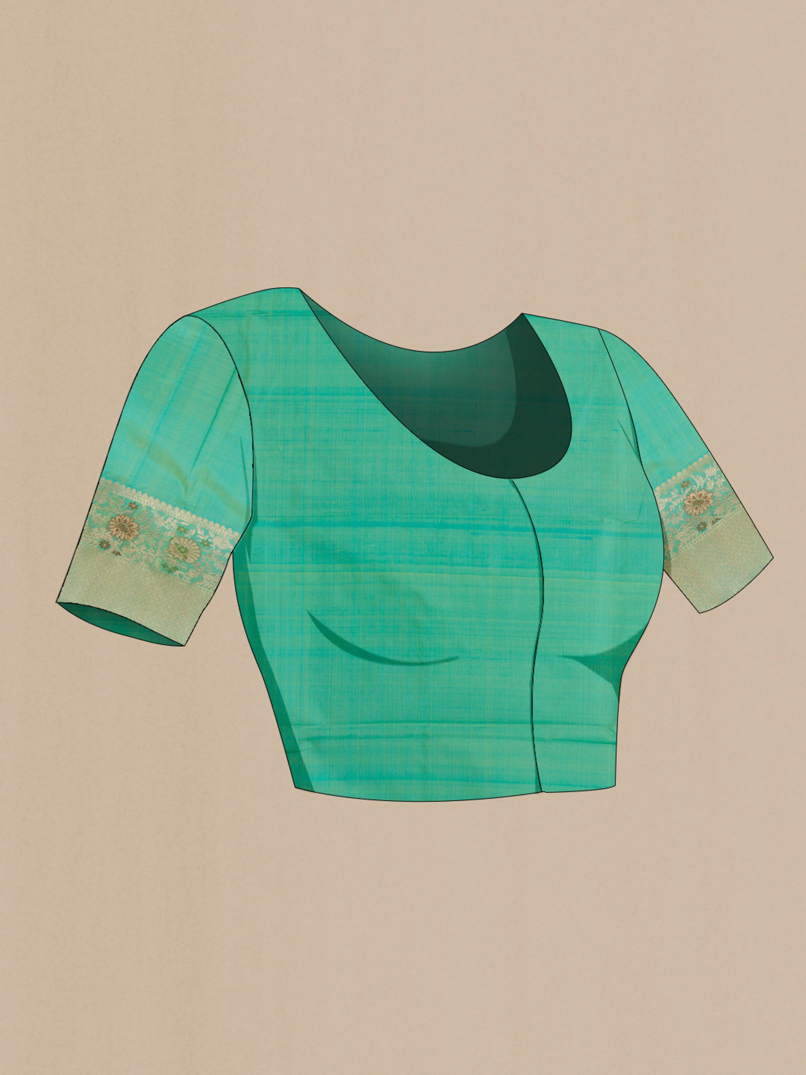 Close up image of the blouse of Sea Green Banarasi Katan Silk Saree with Zari Butta on the body and Zari Border. 