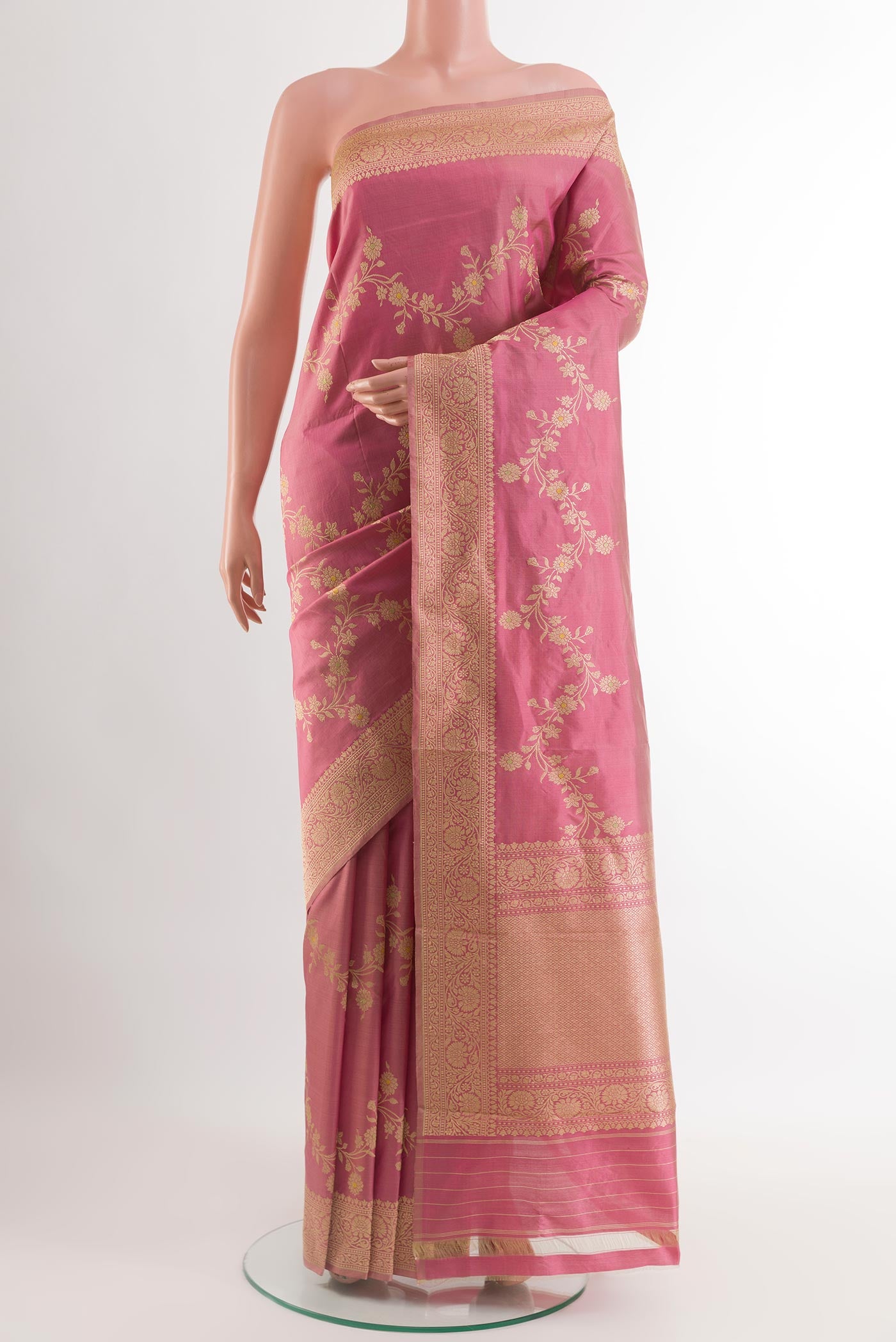 Pink Banarasi Katan Silk Saree with Zari Butta on the body and Zari Border.  displayed on a mannequin