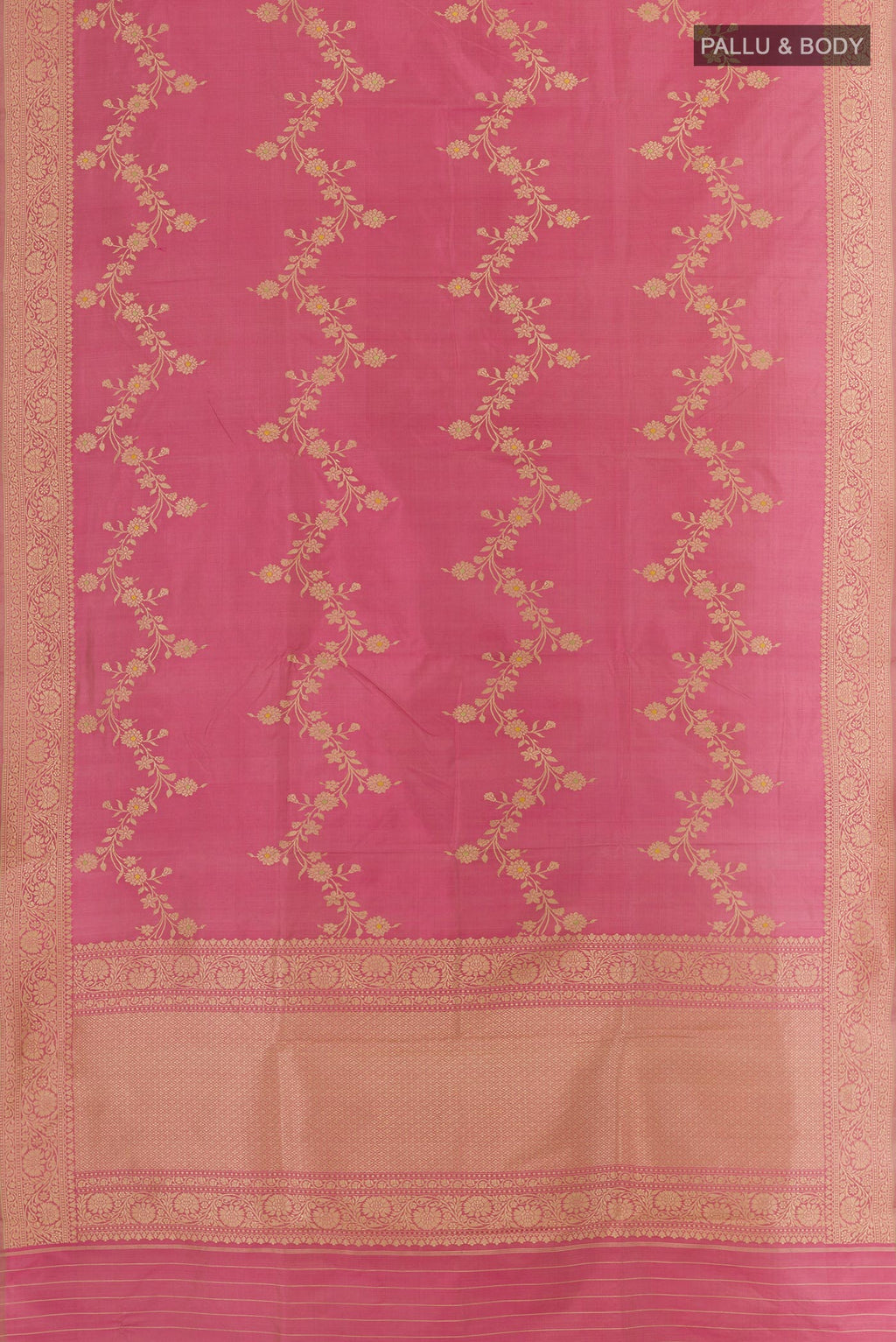 Flat view of Pink Banarasi Katan Silk Saree with Zari Butta on the body and Zari Border. 
