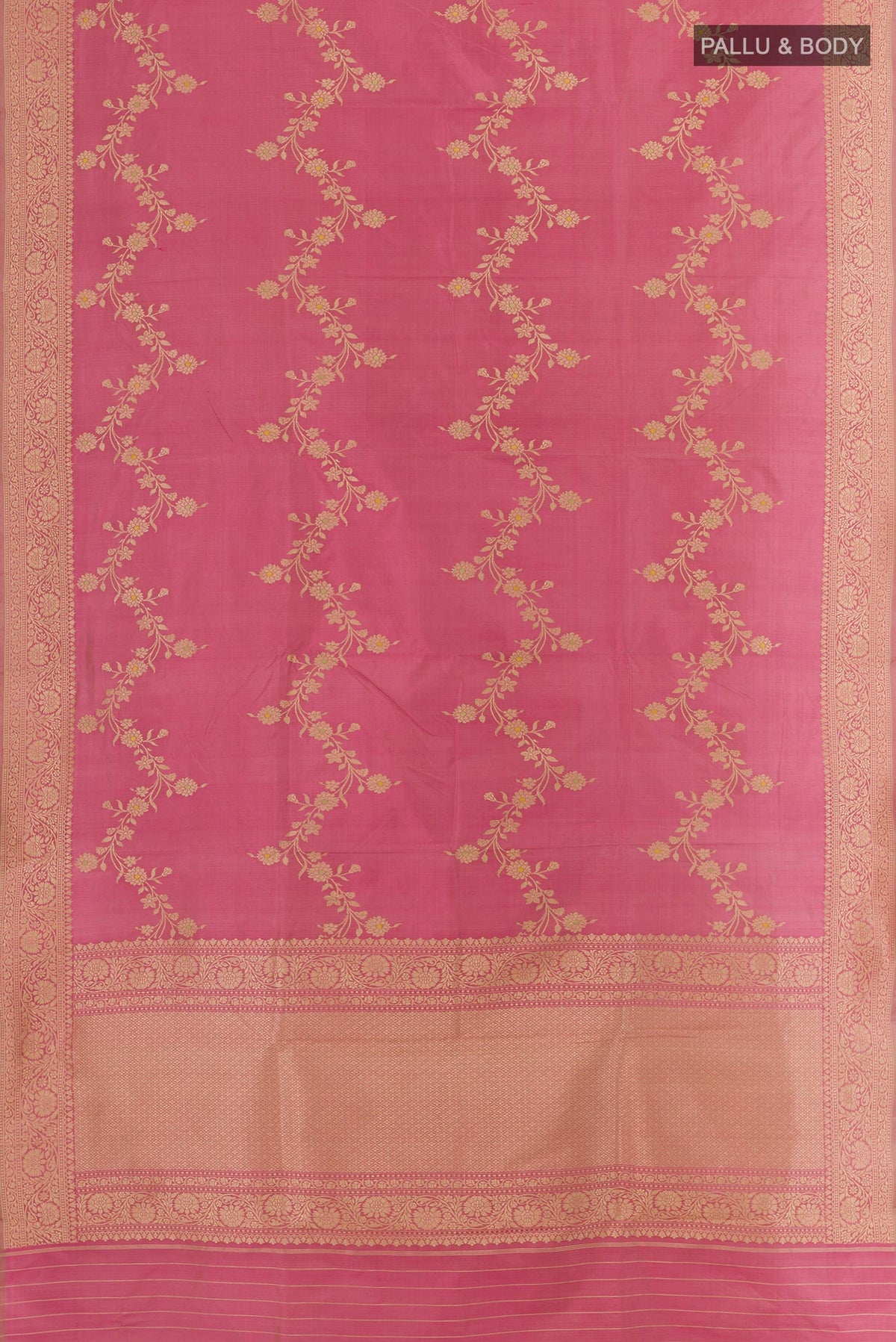 Flat view of Pink Banarasi Katan Silk Saree with Zari Butta on the body and Zari Border. 